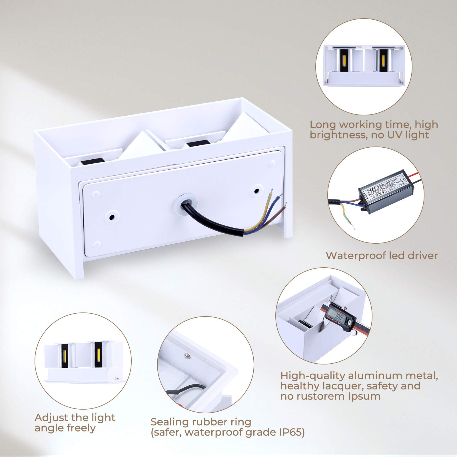ENCOFT 24W Applique Esterno Interno COB LED, Lampada da Parete Muro IP65 Impermeabile, Luce Bianco Caldo 3000K, in Alluminio Angolo Regolabile, Bianco
