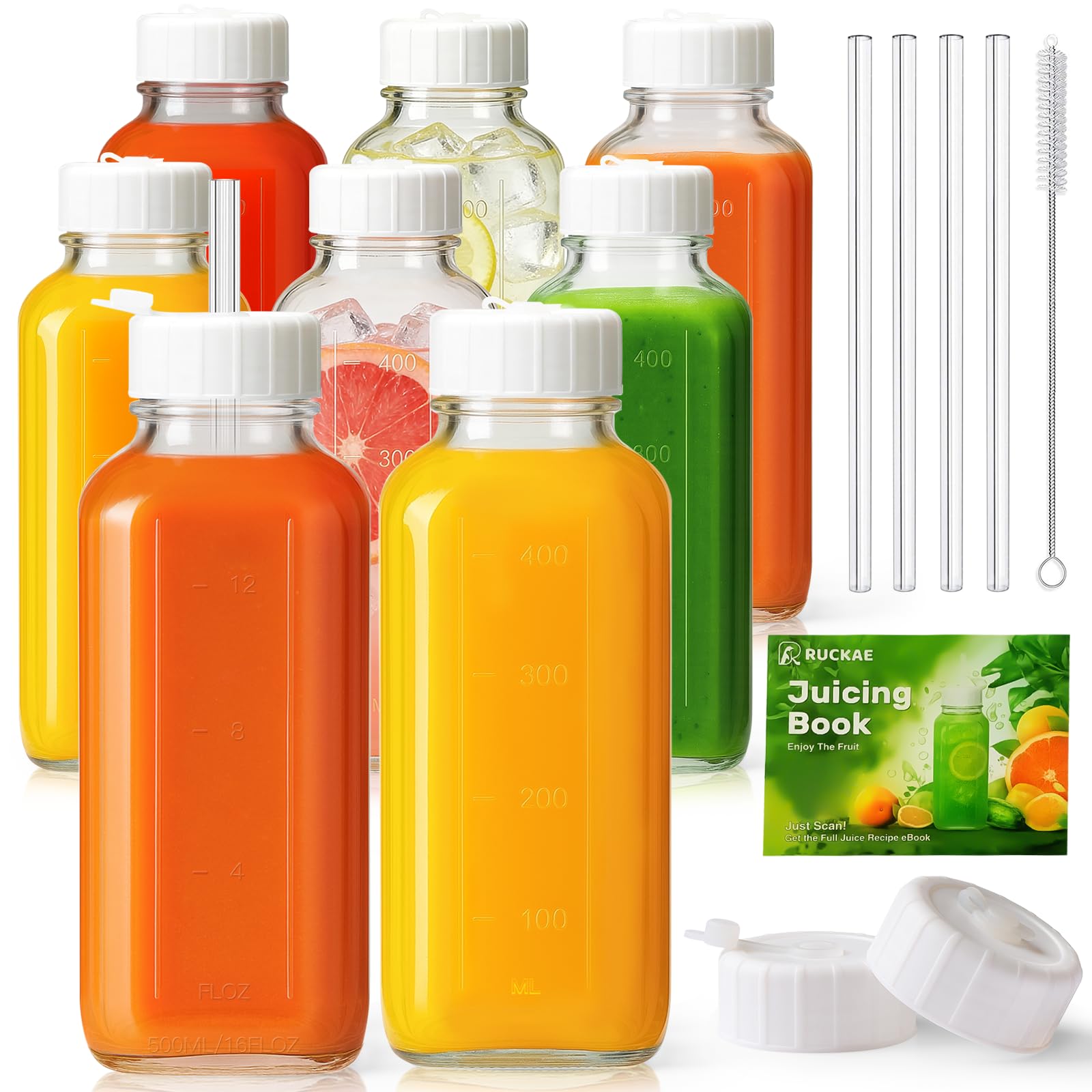 Ruckae 16oz 8 Pack Glass Juice Bottles with Hole Lids - Reusable Square Glass Juice Bottles with Leak-Proof Lid &amp; Capacity Marks for Containers Juicing,Milk,Smoothies