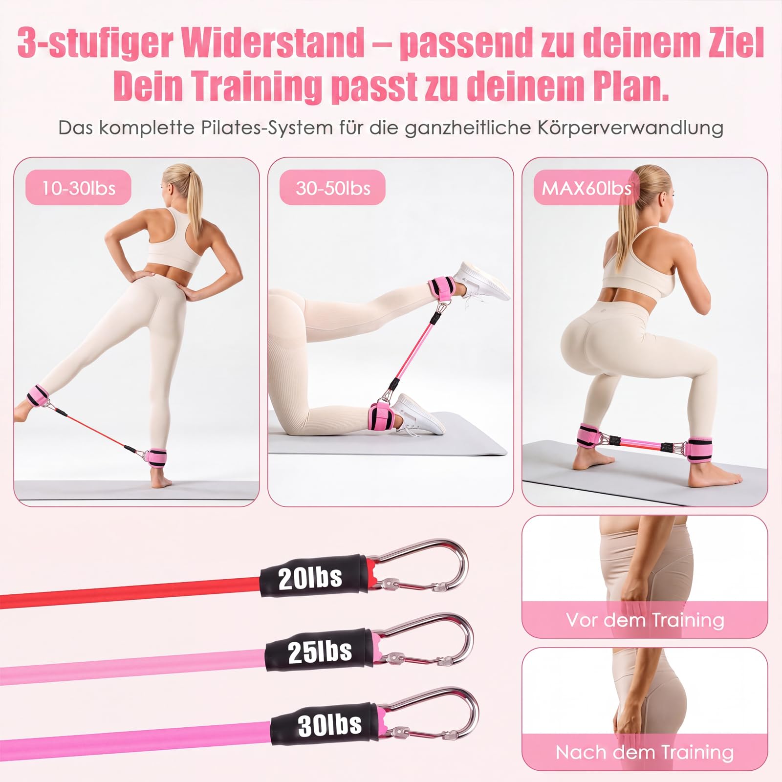 Pilates Set für Damen – Heimtrainings-Set mit Pilates Ring, Fitnessball, Widerstandsbänder mit Knöchelmanschetten, Anti-Rutsch Socken, Massageball – Pilates Zubehör für Yoga & Ganzkörper-Workout