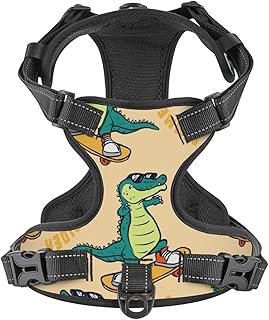 No Pull Dog Harness for X-Large Dogs Easy Walk Dog Vest Adjustable Collars Harnesses & Leashes Set Breathable Oxford Outdoor Walking Safety Reflective Strip Cartoon Crocodile Prints