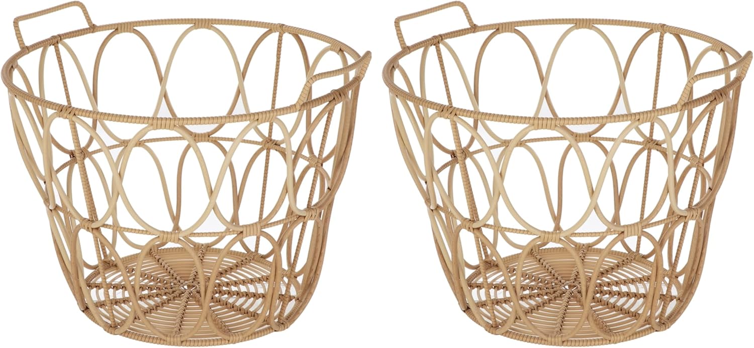 Extra Large Brown Poly Rattan Storage Baskets with Handles, Set of 2 – Woven Plastic Wicker Bins for Shelves, Closet, Living Room, – Lightweight & Durable, Decorative Organizer Baskets