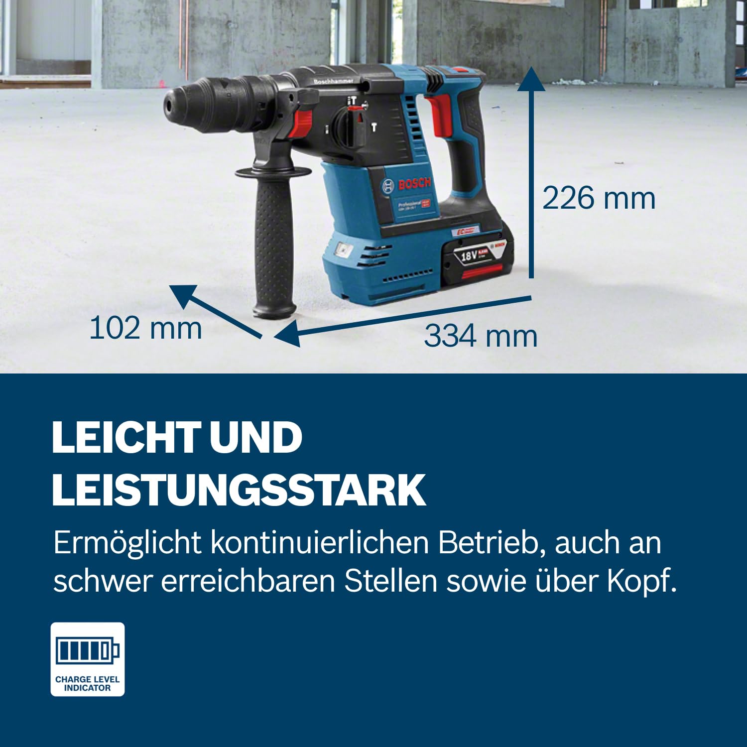 Bosch Professional 18V System Akku Bohrhammer GBH 18V-26 (SDS Plus, Bohr-Ø max: Beton/Stahl/Holz 26/13/30mm, inkl. Zusatzhandgriff, Tiefenanschlag 210mm, Maschinentuch, L-BOXX, ohne Akku/Ladegerät)