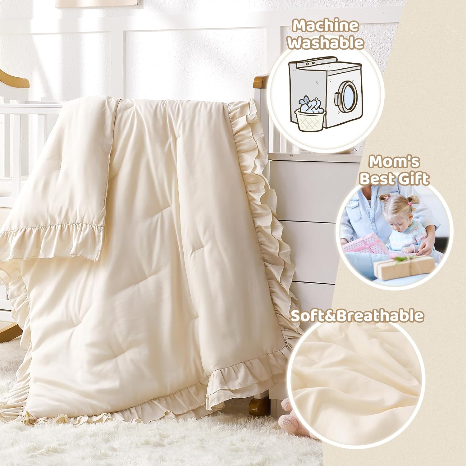 Wowelife 3 Pieces Crib Bedding Set for Girls, Tufted Jacquard Ruffle Fringe Boho Baby Bedding Set Newborn, Infant & Nursery with Comforter, Crib Fitted Sheet and Crib Skirt, Beige Khaki image 8 of 8 B0DQPDTJQ8