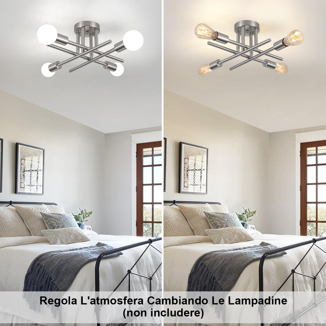 MRHYSWD Plafoniera Argento, Lampada da soffitto Vintage per Soggiorno Camera da letto Cucina Corridoio, Lampadario Industriale a 4 Luci Plafoniera Moderna con Attacco E27 (Senza Lampadine)