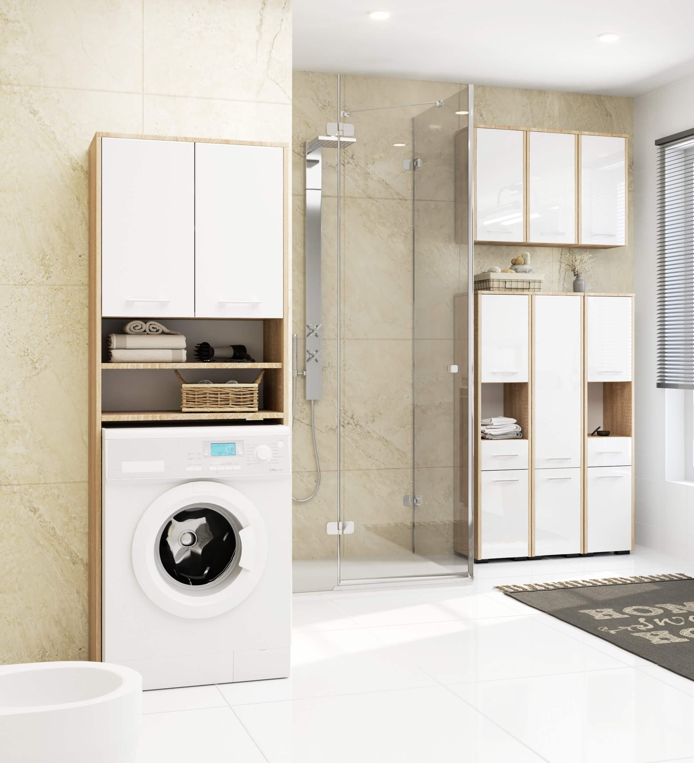 AKORD | Armadio Pensile per Lavatrice | Armadio di trasformazione con 2 ante, 2 Ripiani Aperti | Archivio per bagno | Cassettiera per lavatrice | 64x180x30 cm | Peso 30kg | Rovere Sonoma|Bianco lucido
