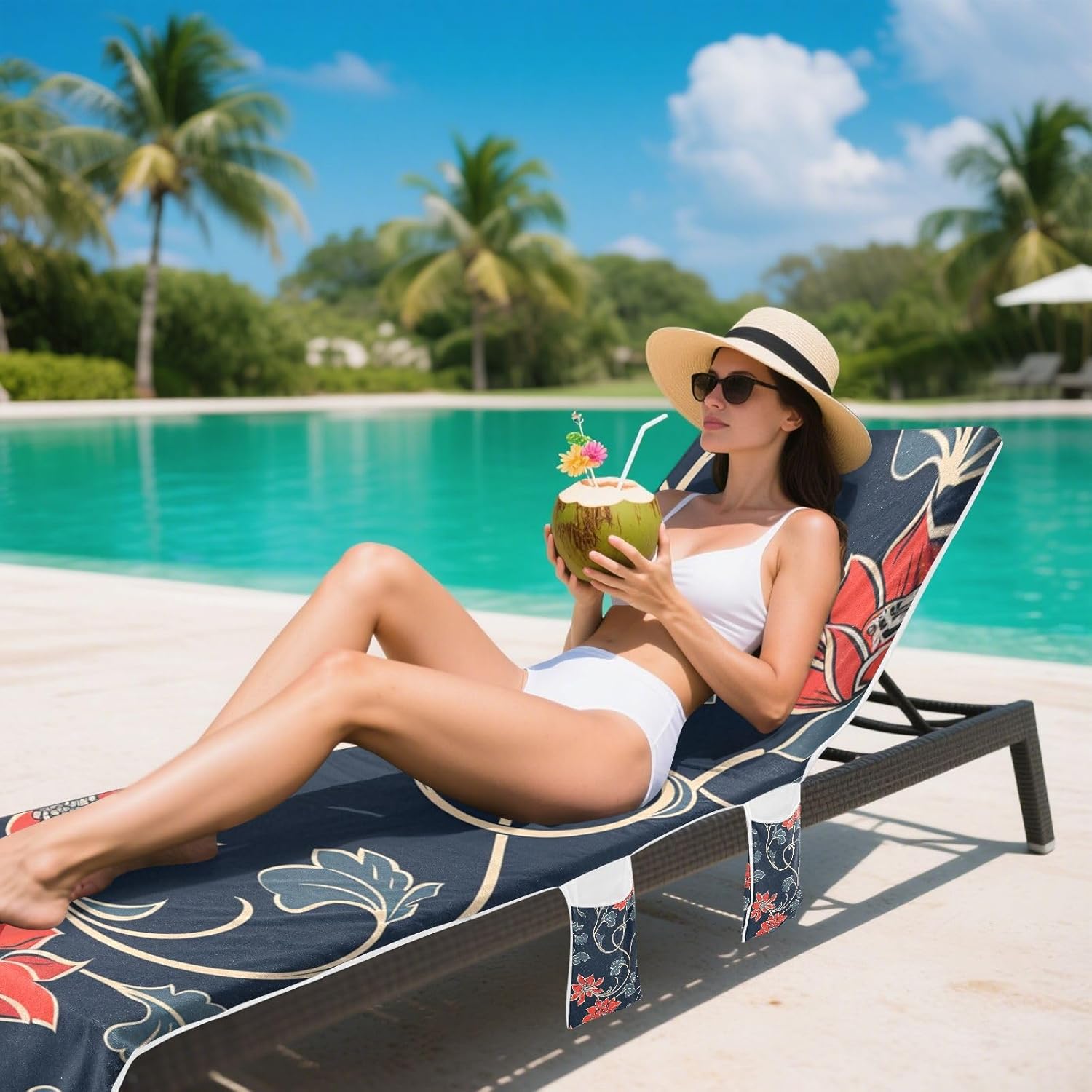 Red Traditional Floral Design Patio Chaise Lounge Chair Cover Microfiber Soft Beach Chair Cover with Windproof Straps for Outdoor Sunbathing Trips, 85" X 30"