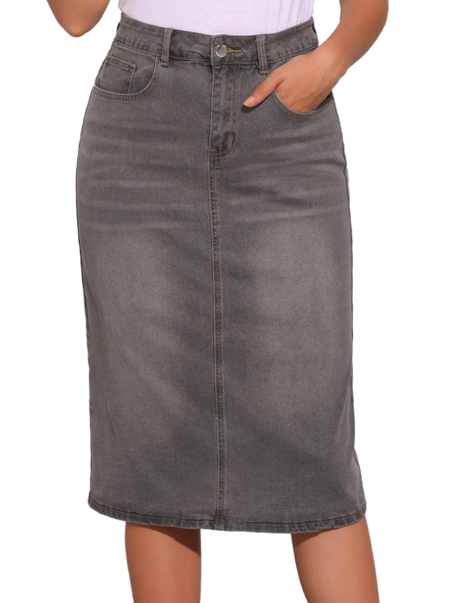 Allegra K Damen Jeansrock Knielang Lang Bleistiftrock Lässiger Dehnbare Midi Denim Röcke mit Hoher Taille Rock