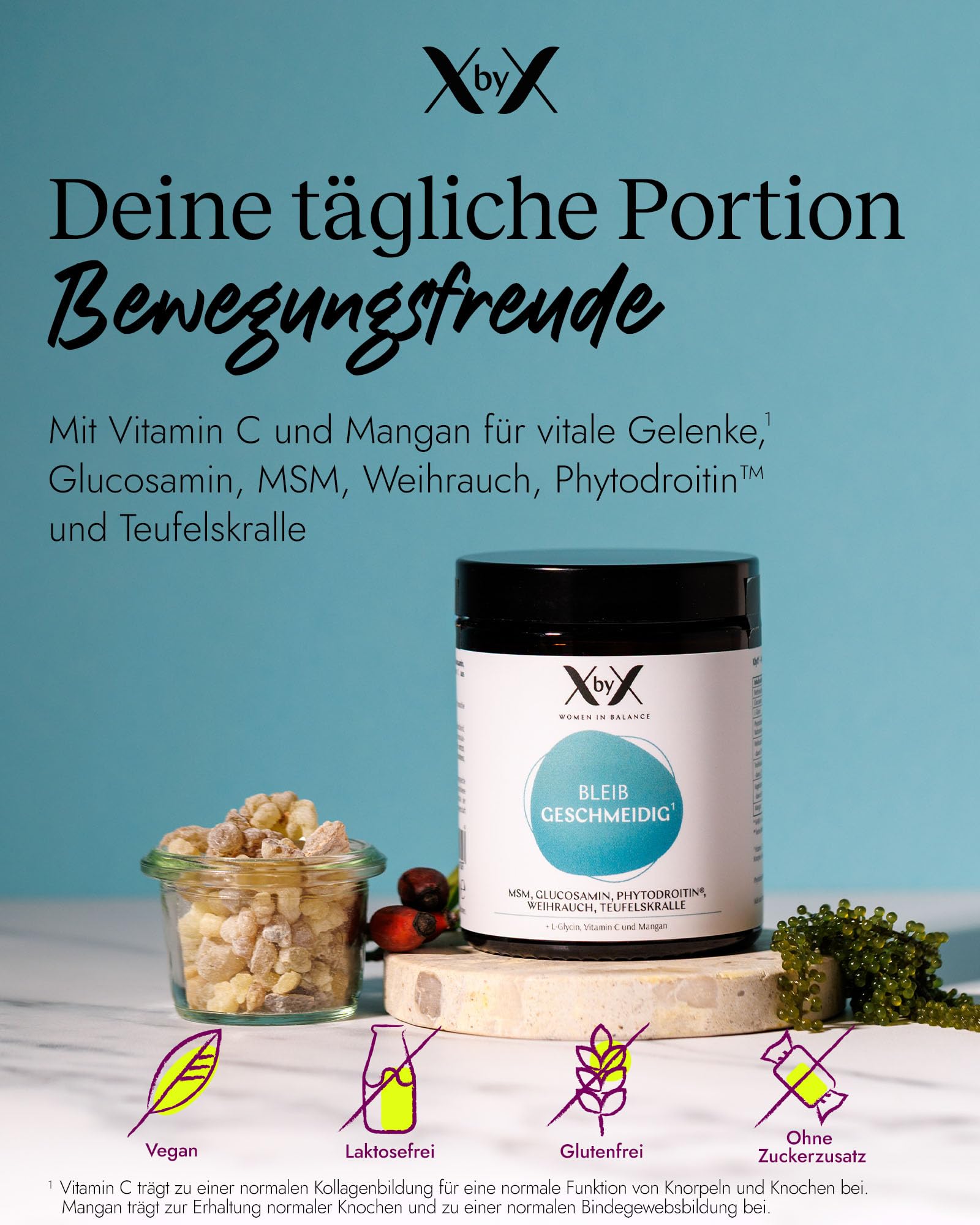 XbyX Bleib Geschmeidig 90 g - 30 Portionen - Gelenke-Komplex mit Vitamin C für Frauen - Plus Glucosamin, MSM, Kurkuma, Weihrauch - Aus Deutschland