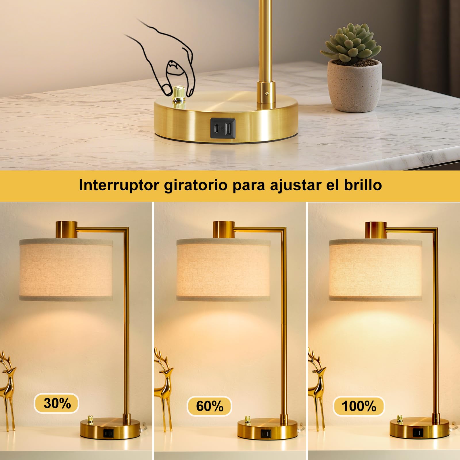 GyroVu Lámpara de mesa para dormitorio, puertos USB C+A, lámpara de mesilla grande, lámpara de mesilla regulable sin escalonamientos con pantalla de lino para salón, lectura y oficina (Dorado)