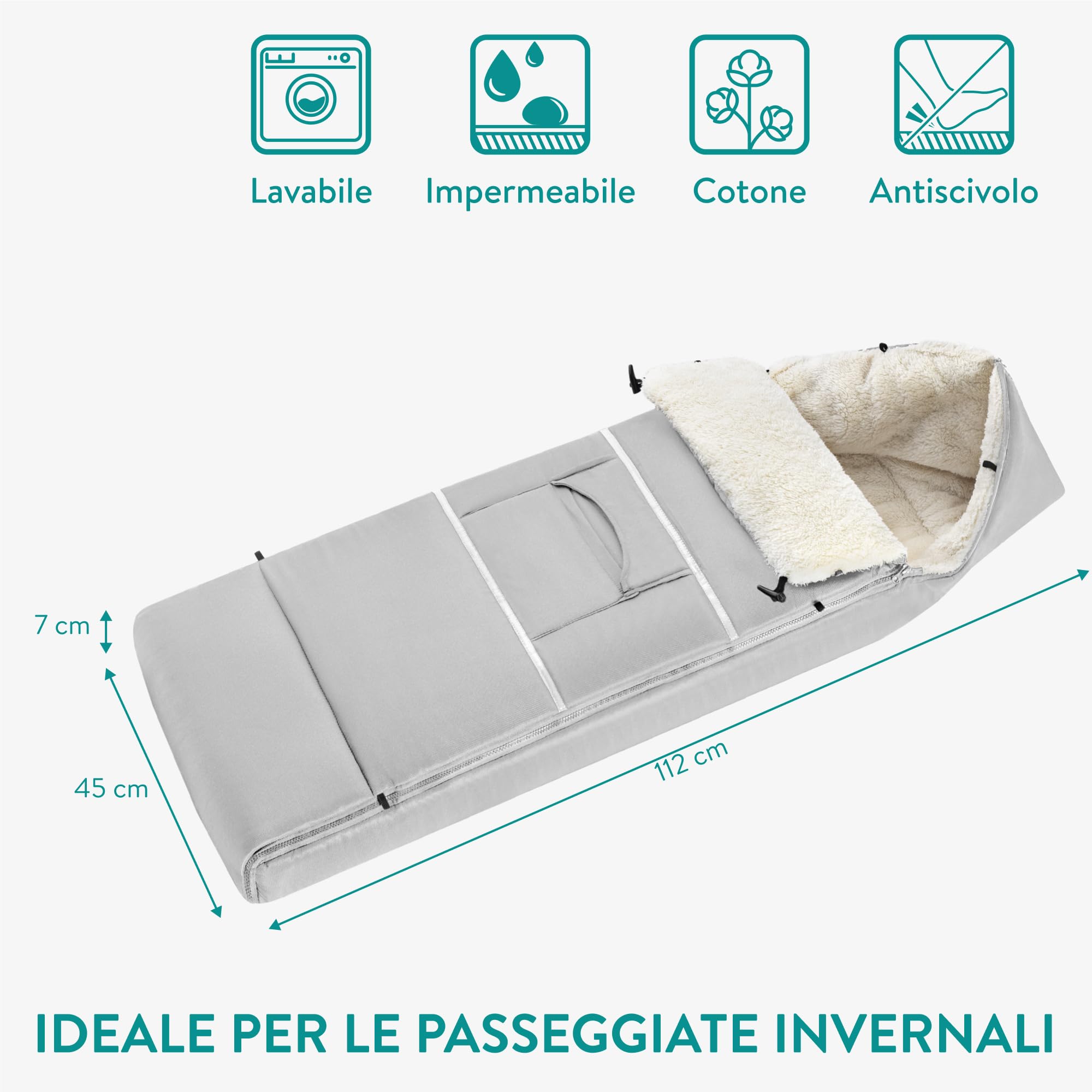 Navaris Sacco Passeggino Invernale Extra Large - Sacco Termico Passeggino Universale Grande - Coprigambe Carrozzina Neonato Bambino - Impermeabile con Cerniera - Da 12 a 48 Mesi - Grigio Chiaro
