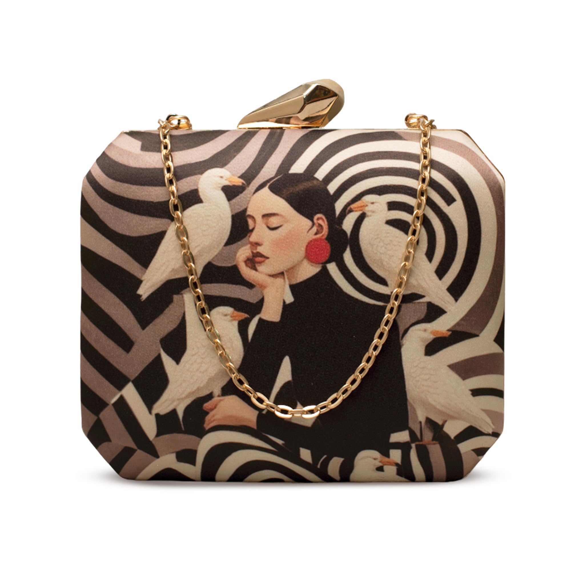Floral Modern Art Printed Clutch Bag for Women with Golden Detachable Strap-image-22