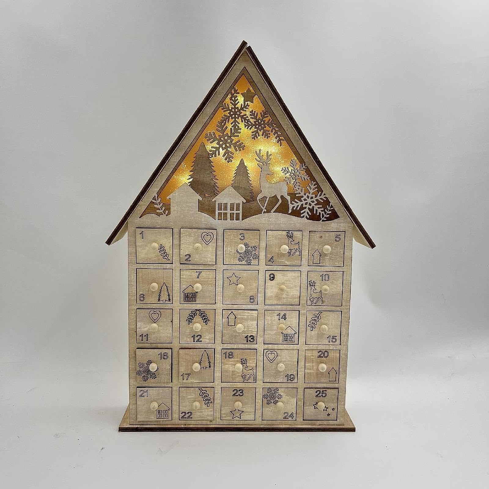 Calendario de Adviento de Madera, Decoración Navideña 2024, Iluminado, Ideal para Fiestas O para Colocar en La Mesa de Centro del Salón.