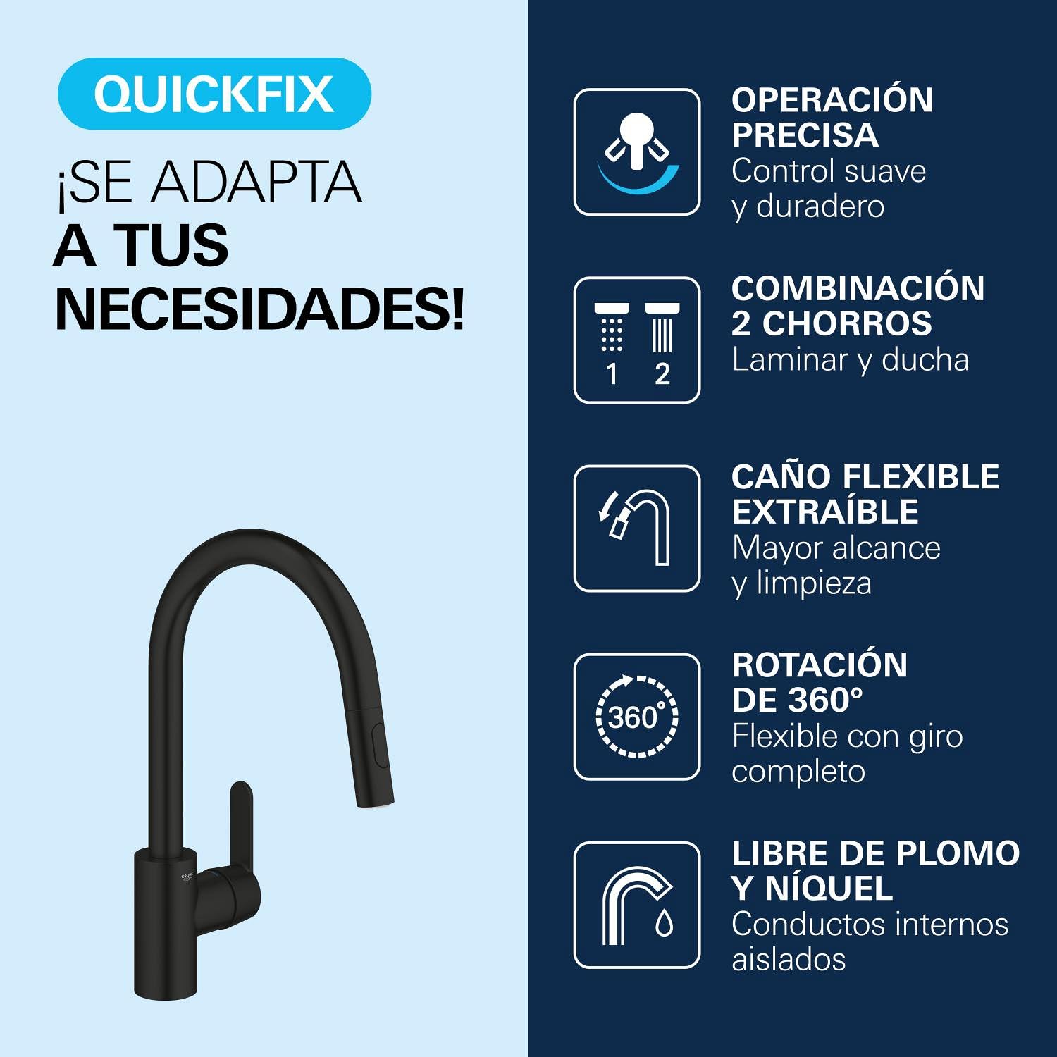 GROHE Get – Grifo Cocina con Caño Extraíble (2 Chorros, Caño Alto 381mm, Giro 360°, Cartucho 35mm, Acoplamiento Suave, Conexión 3/8", QuickMount), Negro Mate, 314842431