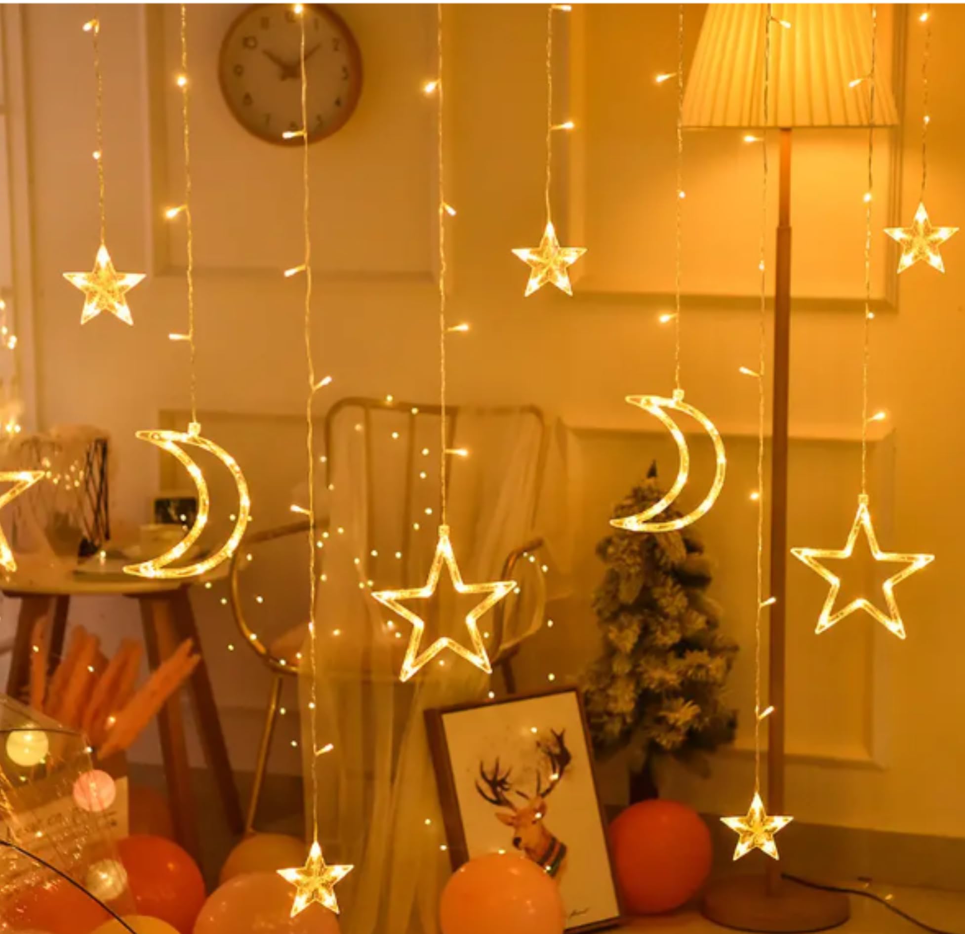 Lexton 2.6 Mtr Twinkling Star Moon Curtain Light | 100 LED, 3 Big Star 6 Small Star & 3 Moon Light | Suitable for Home, Christmas Decor, Wedding (Pack of 1, Warm White)