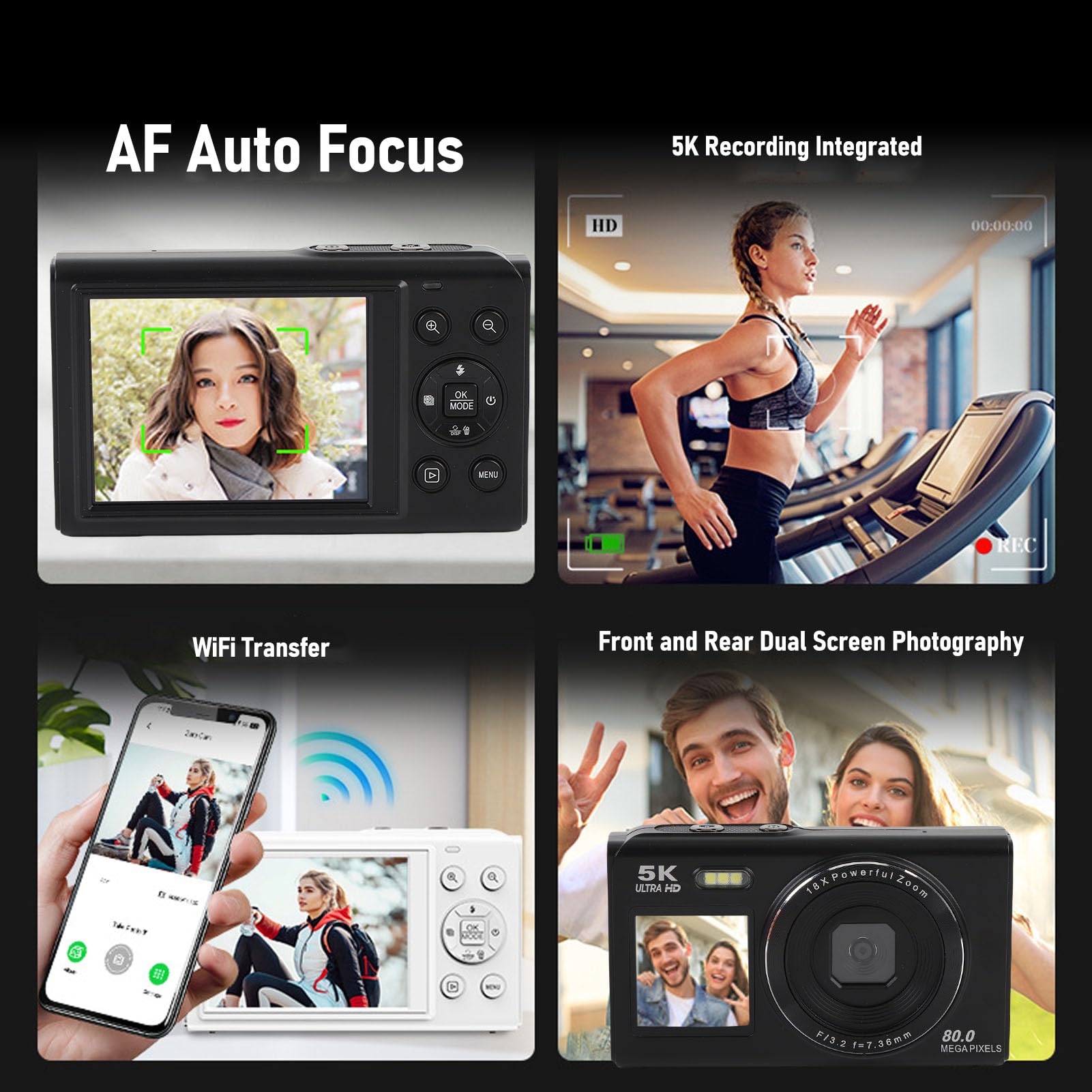 Fockety Fotocamera digitale 5K per la fotografia, fotocamere Vlogging WiFi 80MP con doppio schermo zoom 18X, AF Auto Focus Compact Point & Shoot Cameras per adolescenti principianti (BLACK)