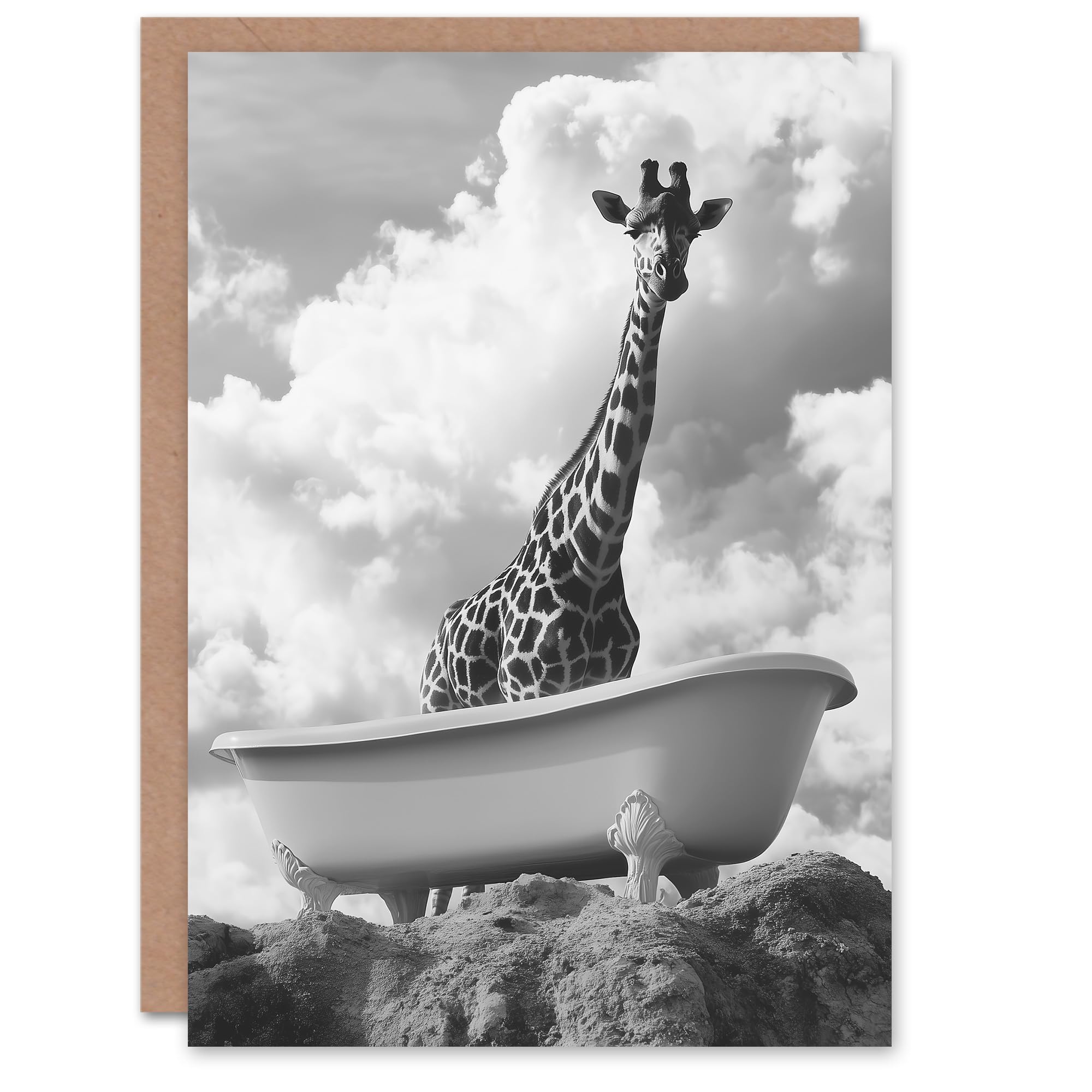 Artery8 Greeting Card Giraffe in Bathtub on a Hill Black White Surreal Blank For Him Or Her Art Birthday Card