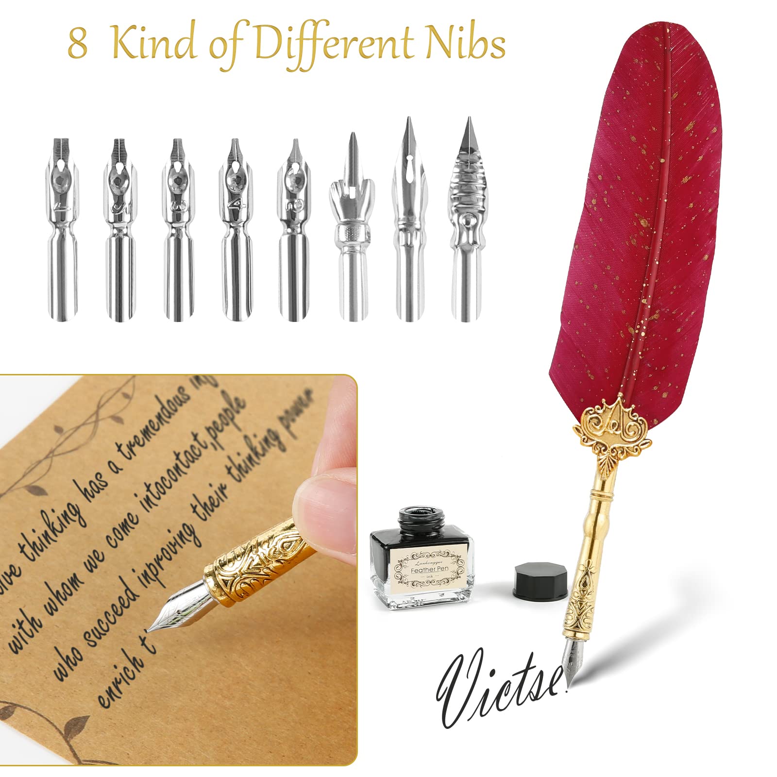 Set Penna Piuma Calligrafia Victse - Stilografica Retrò Con Taccuino, Inchiostro E Accessori, Rosso - Foto 13