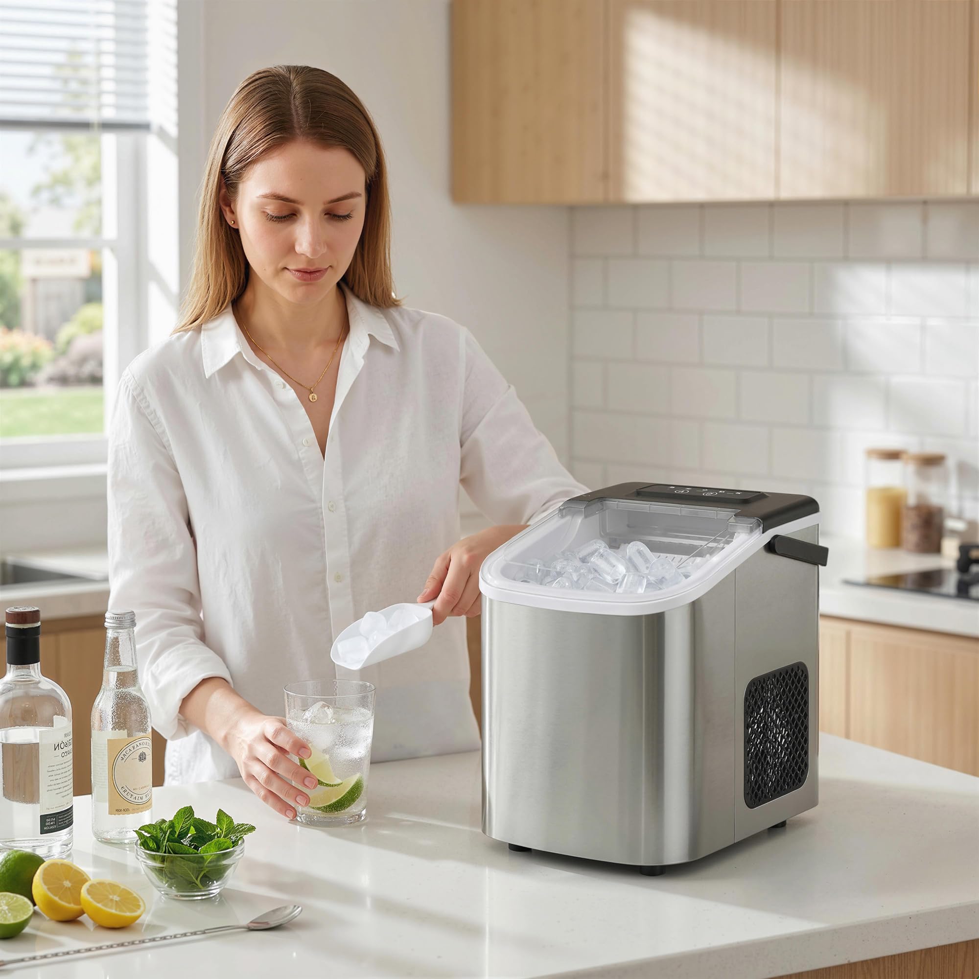 HOMCOM Machine à glaçons, 12kg en 24h, 9 glaçons en 7 minutes, ice maker portable avec fonction autonettoyante, panier et pelle, machine à glaçons pour maison, cuisine, bureau, bar, argent