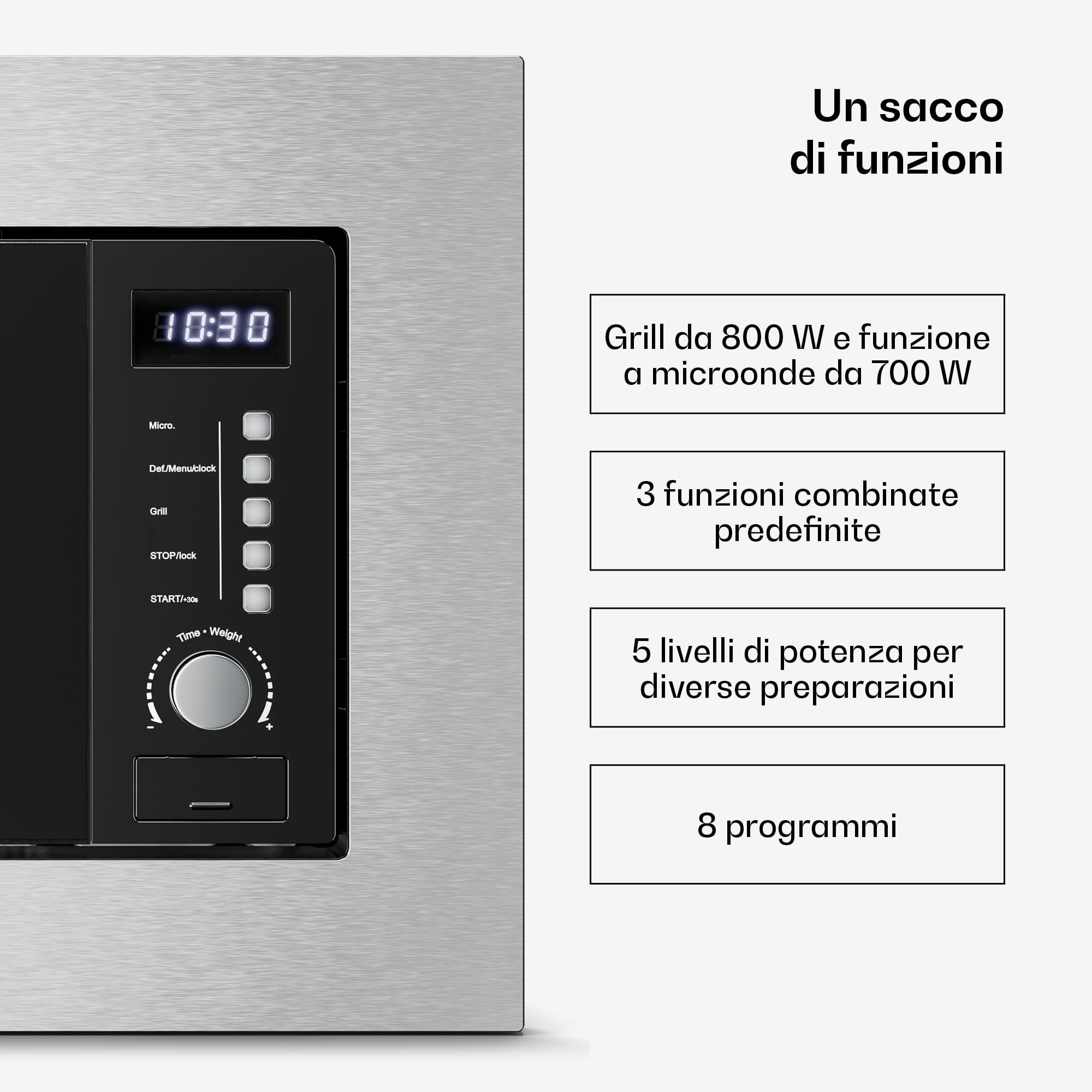 Klarstein Verosteel Microonde da Incasso con Grill – 20L, 700W Microonde & 800W Grill, 8 Programmi, Touch, Acciaio Inox, Forno Microonde Incasso, Acciaio inossidabile
