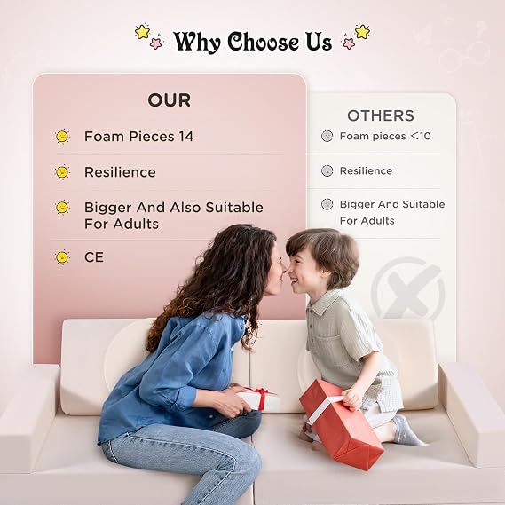 Children's Sofa, Modular Soft Play Couch, Kid's Game Foam Building Blocks, High Stability, Convertible Sofa for Boys and Girls to Develop Intelligence (Beige)