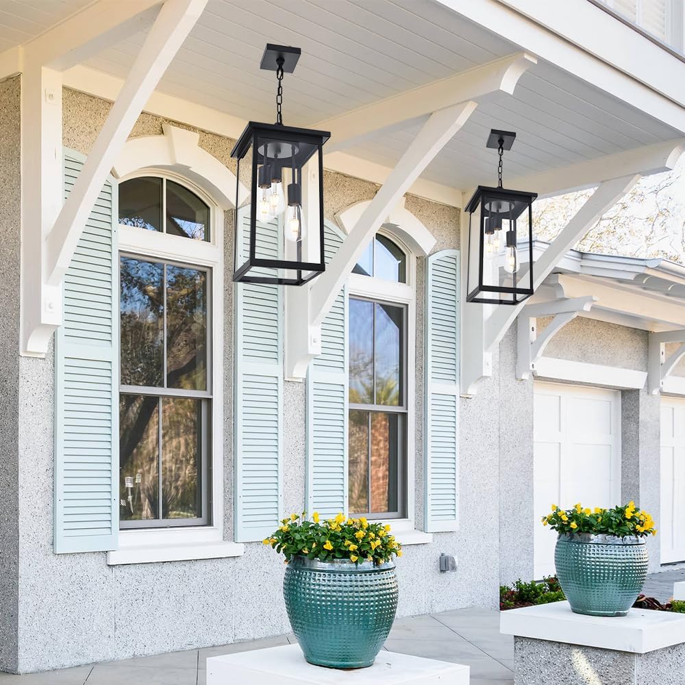 3-Lights Outdoor Pendant Lights, Large Black Exterior Ceiling Hanging Lanterns with Adjustable Chain, Modern Porch Pendant Lighting Fixtures for Front Door Entryway, E26 Bulb Base