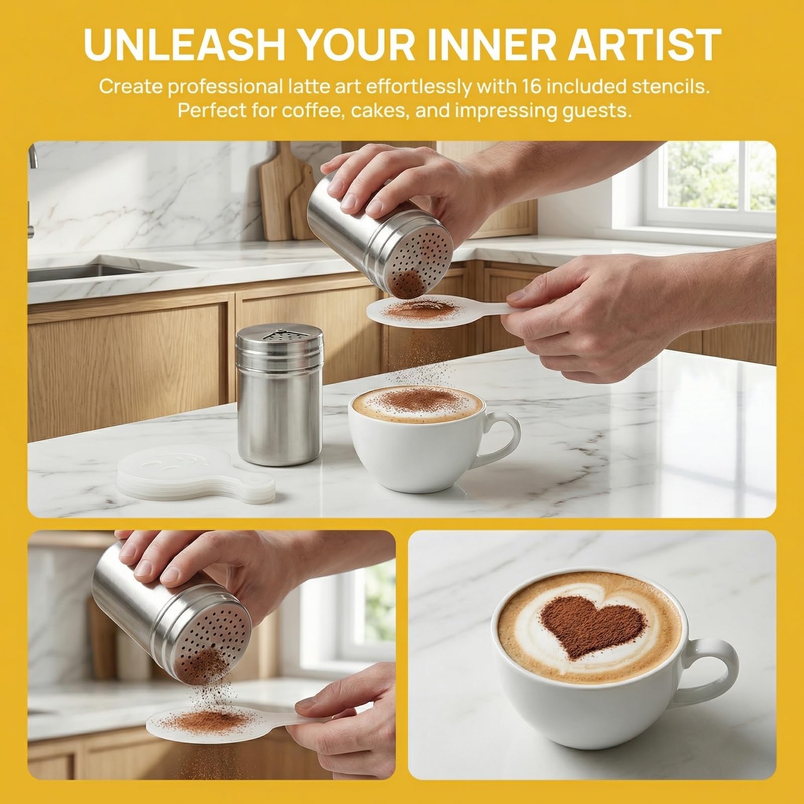 Set Da 2 Spargizucchero, Spargitori In Acciaio Inossidabile Con Coperchio, Con Set Di 16 Stencil In Plastica (16 Diversi Motivi Stampati), Adatto Per Pasticceria, Caffè, Cucina