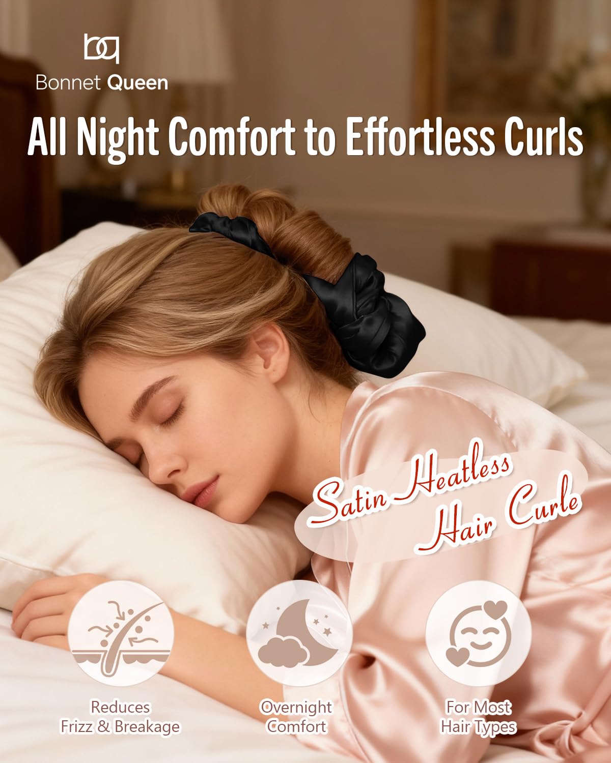 BONNET QUEEN Polifunzionale Bigodini Morbidi per Dormire, Arricciacapelli Senza Calore per la Notte, Satin Bigodino Lungo per Boccoli, Heatless Curls Hair Curler con 3 Scrunchies, Nero