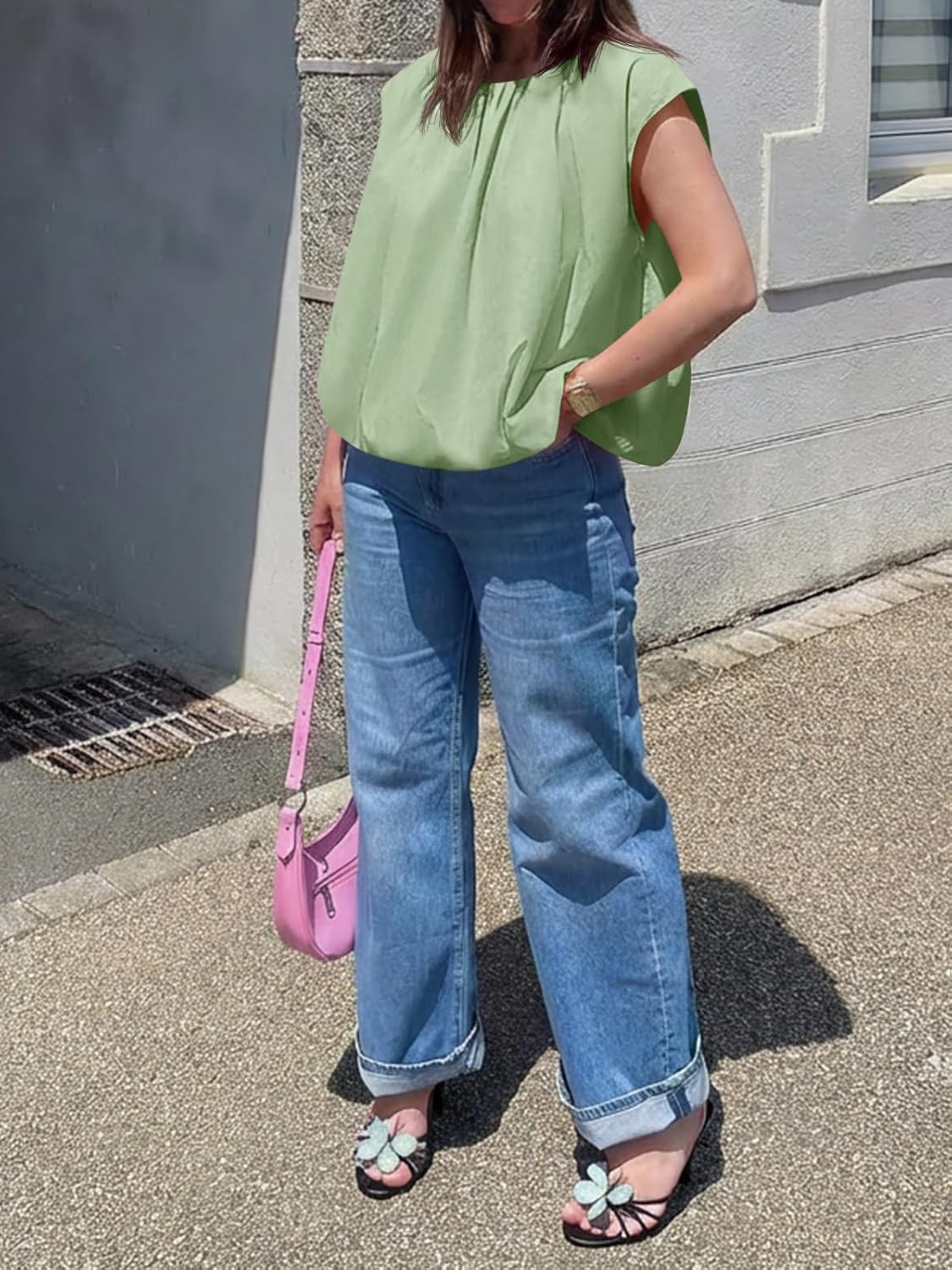 Cicy Bell Womens Summer Cap Sleeve Blouses Casual Pleated Open Back Crew Neck Bubble Tank Tops Bow Tie Cotton Shirts - Image 6