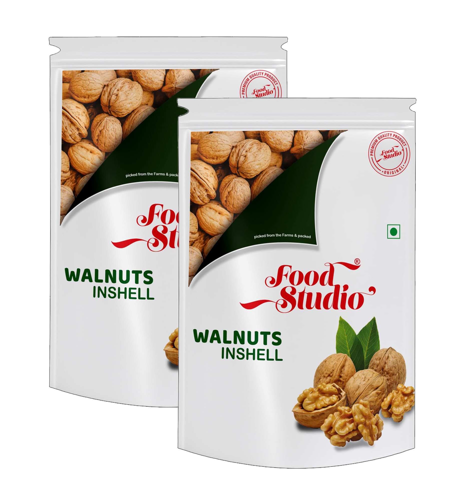 FOOD STUDIO Premium Chilean Inshell Walnut Jumbo Box Pack of 2 x 500gm value pack | Akhrot With Shell | Delicious & Crunchy Walnut | High in antioxidants | Brain food | Dry Fruits (Green Pouch)