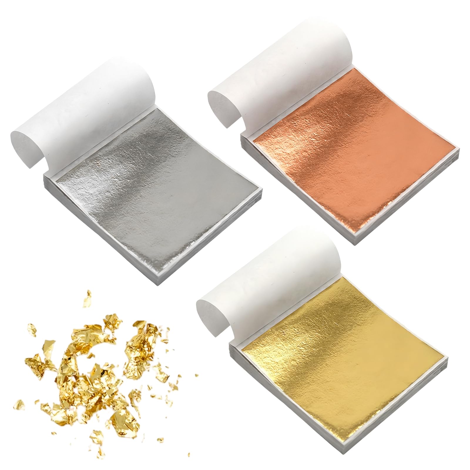 300 Hojas Pan de Oro de Imitación para Artes, 8 x 8.5 cm Lámina Dorada para Dorado, Pan de Oro Imitación, para Arte de Uñas, Maquillaje, Proyectos de Artes, Decoración de Muebles, Pintar, 3 Colores