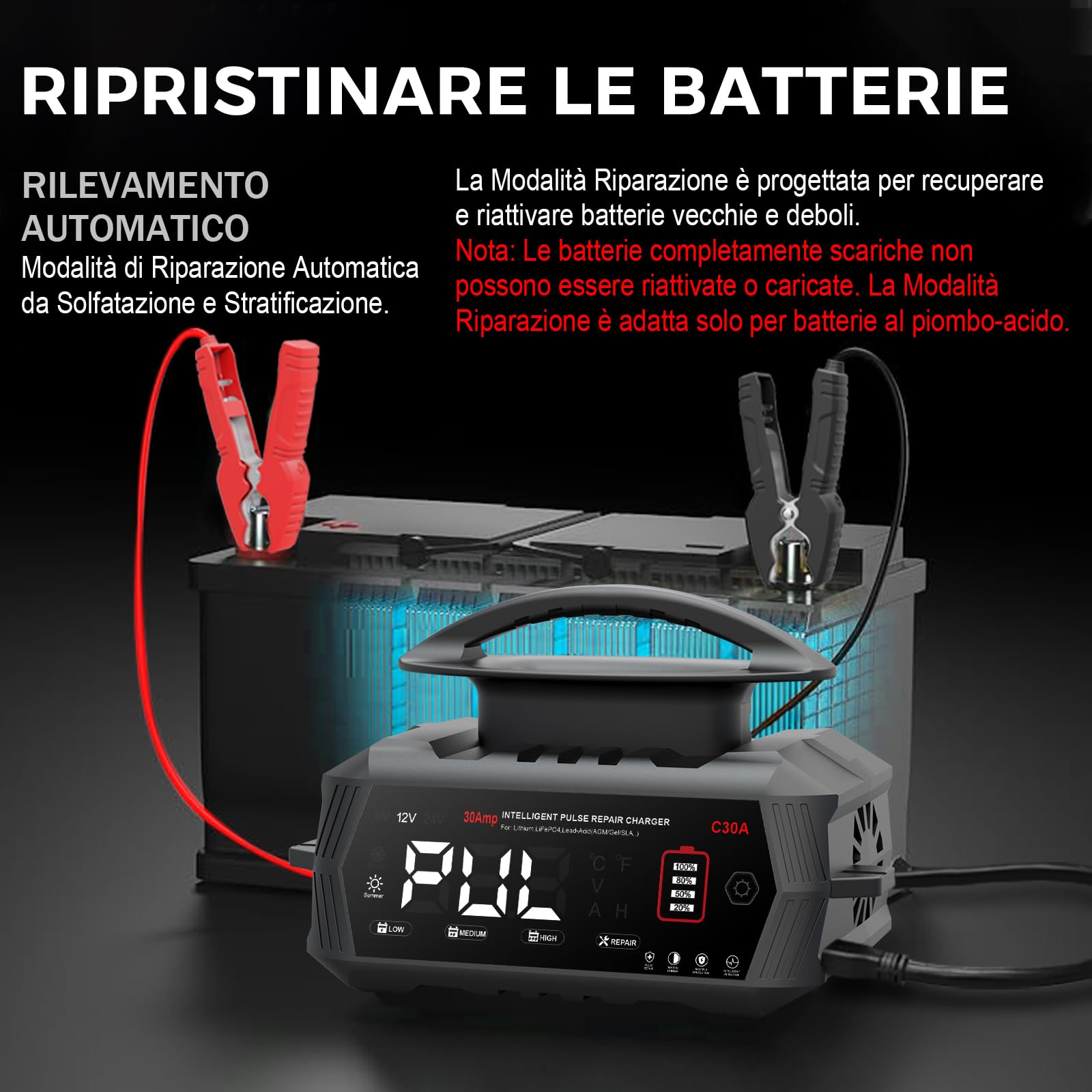 HTRC 30A Carica Batteria per Auto, 6V/12V/24V Caricabatterie Lifepo4, Caricabatterie Auto per Auto con Display LCD, Carica Batteria Auto per Barche SUV Litio LiFePo4 e Piombo Acido(AGM, GEL, WET)