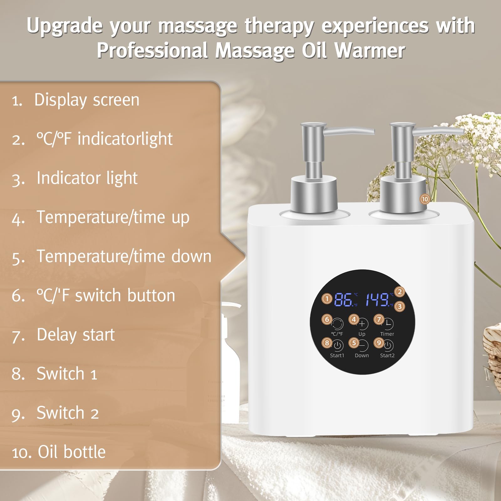 Meifuly Calentador de aceite de masaje para spa, calentador de aceites corporales con dispensador de 4 botellas, calentador digital profesional de loción eléctrica