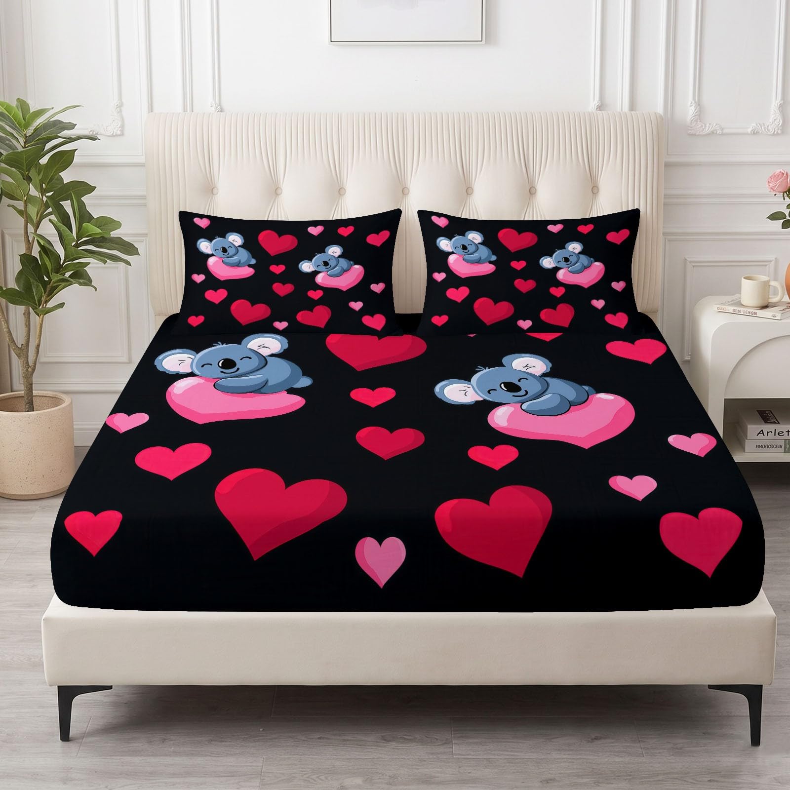 Juego de 3 sábanas bajeras ajustables de 90 x 200 cm para cuna, diseño de dibujos animados, de microfibra transpirable, sábana bajera con bonito corazón de koala y 2 fundas de almohada con cremallera