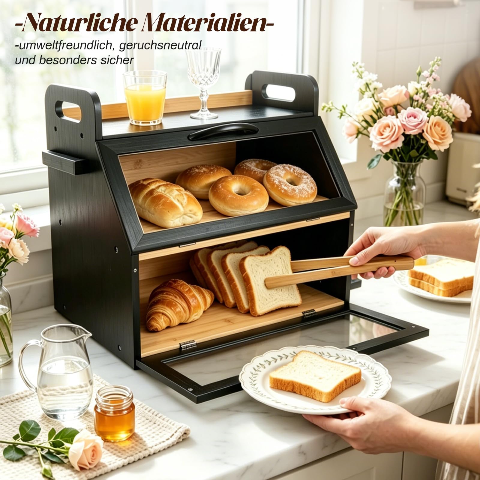 Bambus Brotkasten 2 Etagen Brotbehälter mit Brotschneidebrett und Brotzange, lebensmittelecht Brotaufbewahrung, Holz Brotbehälter für selbstgemachtes Brot, 40 x 26 x 37 cm, Schwarz