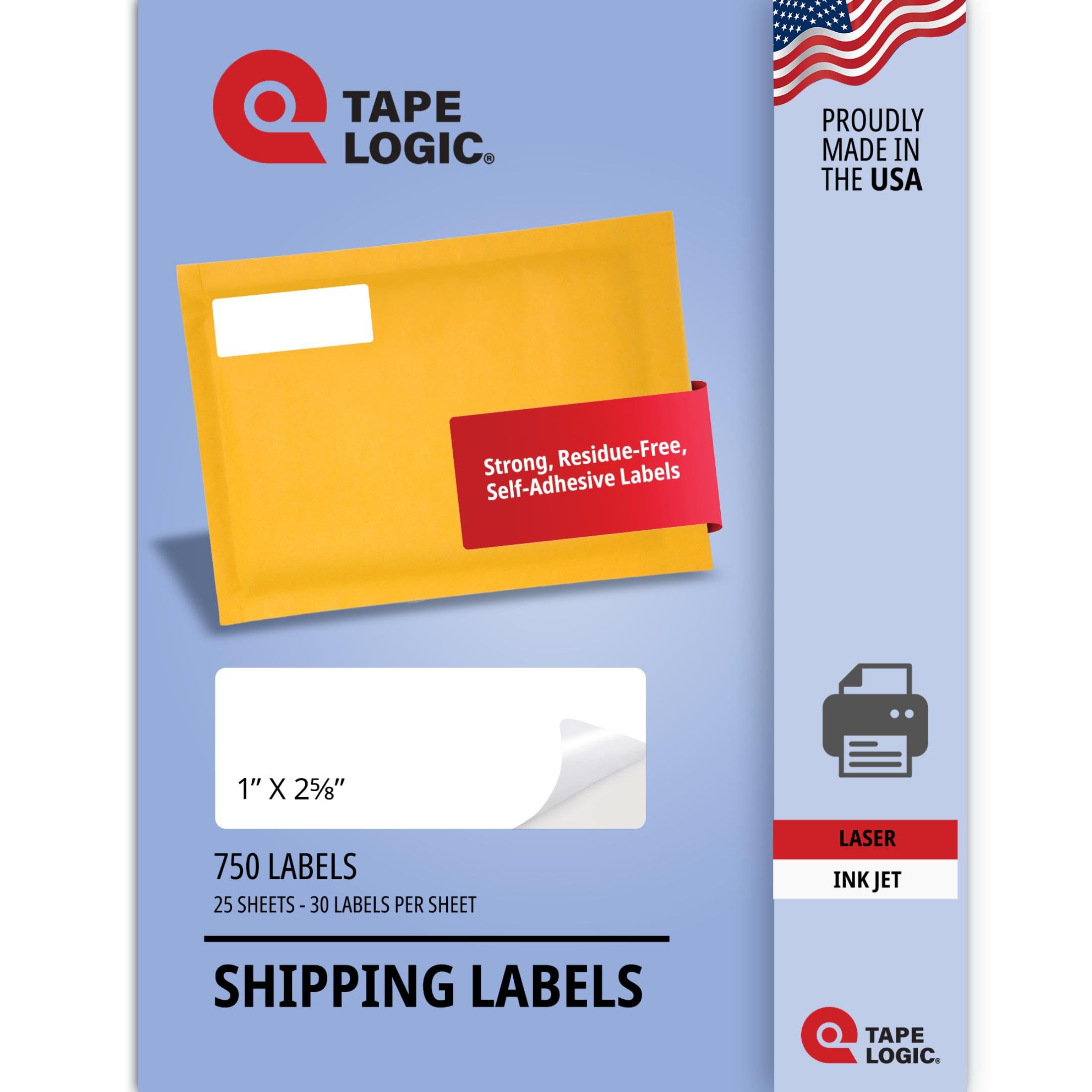 TAPE LOGIC Printable Self-Adhesive 1" x 2 ⅝” White Laser Labels (25 Sheets of 30) | 750 All Purpose Blank Sticker Label, Office & Personal Supplies