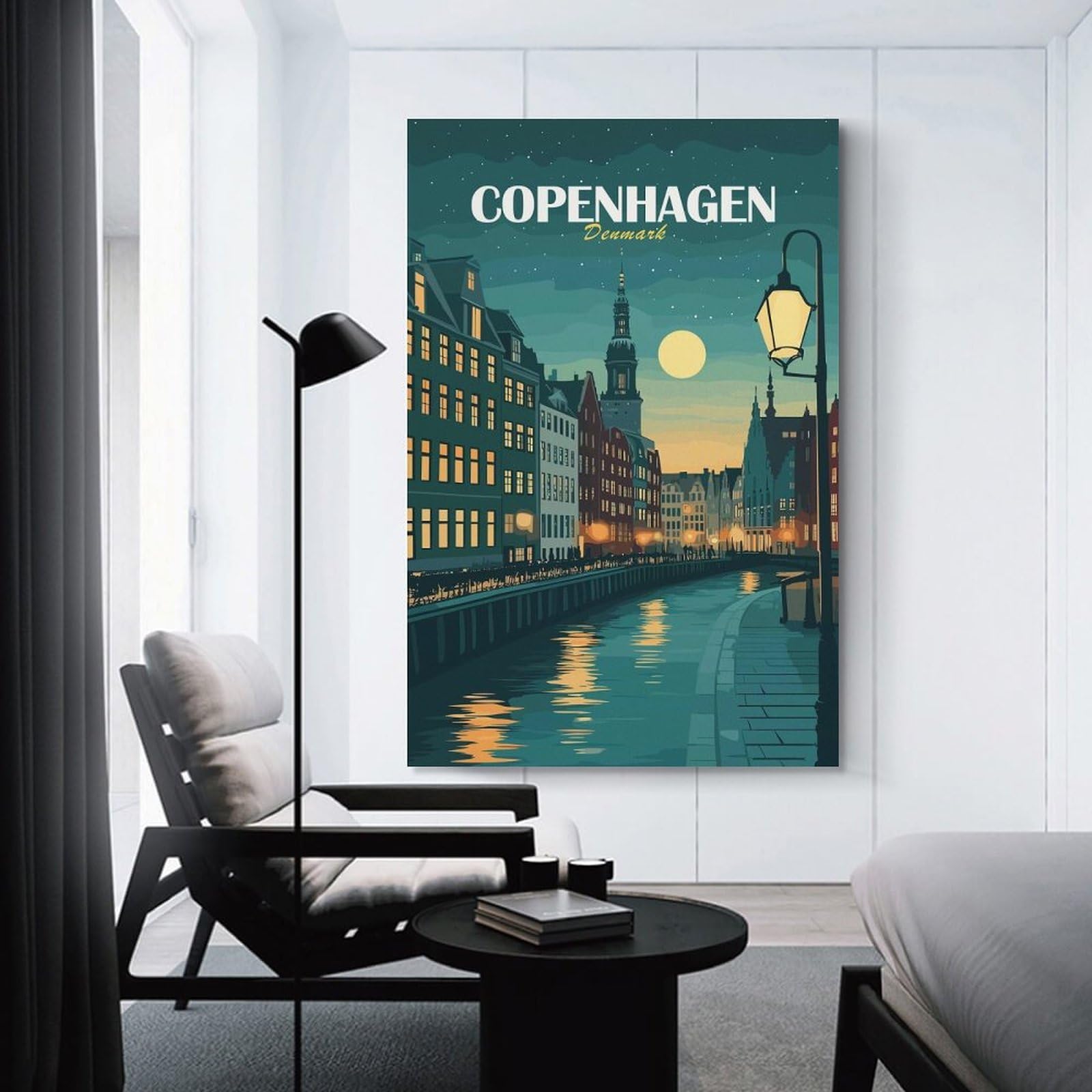 Junmoney Wall Picture Print Copenhagen, Denmark Cityscape at Night, 24x36inch(60x90cm), for Living Room, Bedroom Or Home Office, Home Decor Gift with Stylish Appeal