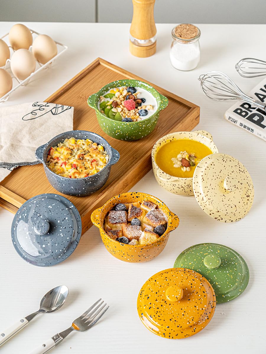 Juego de 4 mini cocotte de cerámica para horno, cacerola pequeña de 9 onzas con asas y tapa, olla individual para servir soufflé, sopa, adoquines, moldes de gres para hornear, color verde