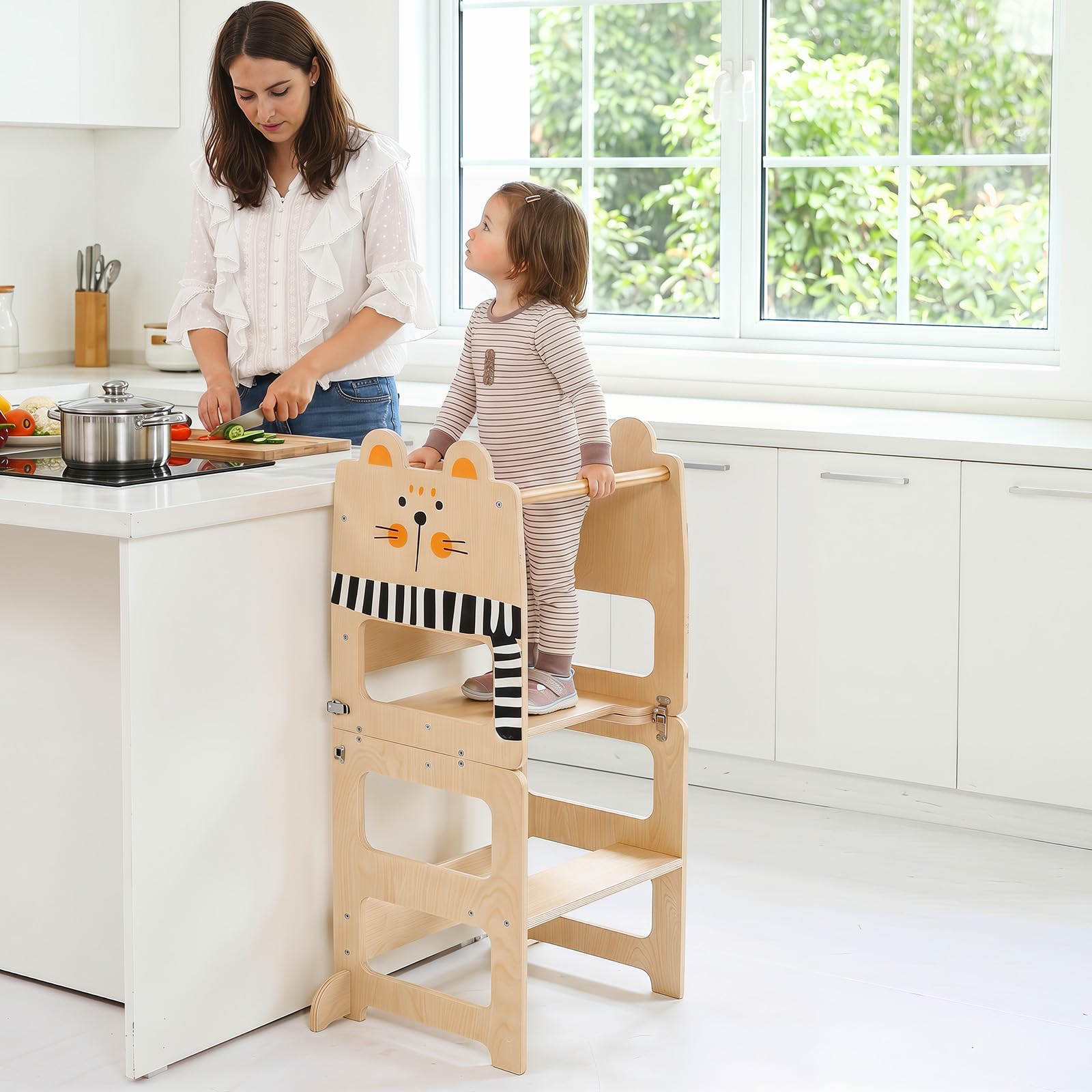 COSTWAY 3 in 1 Lernturm klappbar aus Holz, 50 kg belastbar, Natur | Tritthocker mit Tafel in Katzenform, Tritthschemel Montessori, Küchenhelfer für Kinder ab 18 Monaten