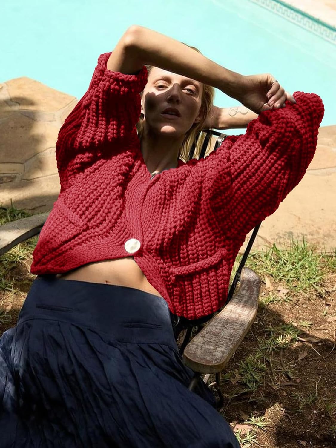 Saodimallsu Womens Button Up Sweaters Fall Chunky Knit Cropped Trendy Crewneck Loose Cardigan with Pockets - Image 5