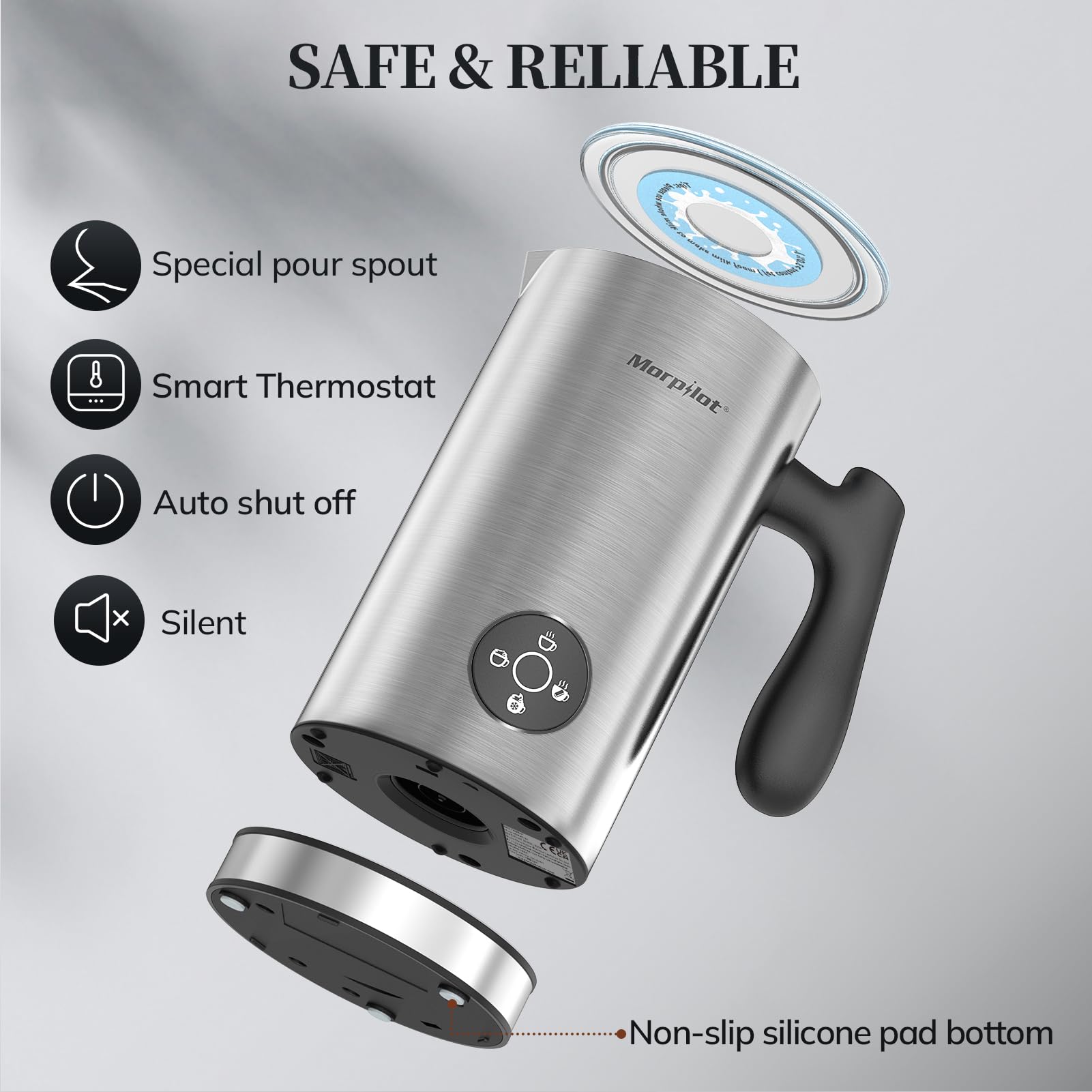 Morpilot Espumador de Leche Eléctrico 4 en 1, para Capuchino y Chocolate Caliente, 300 ml, para Espuma de Leche Caliente y Fría, y Chocolate, Antiadherente, Acero Inoxidable