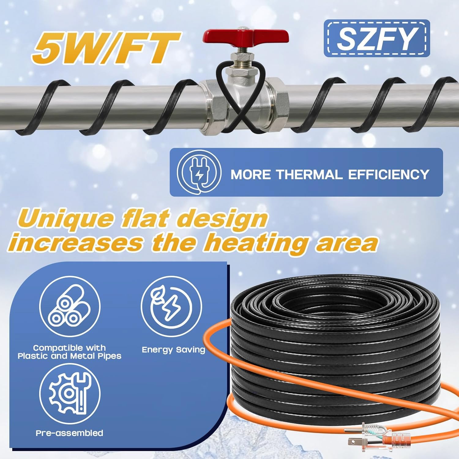 Heizband für Wasserrohre, Enteisungsband für Wasserleitungen, Thermostatdraht, Heizkabel, Heizkabel, Heizband mit Thermostat, Dachrinnen-Heizkabel, beheizter Wasserschlauch, 120 V, 8 W/ft
