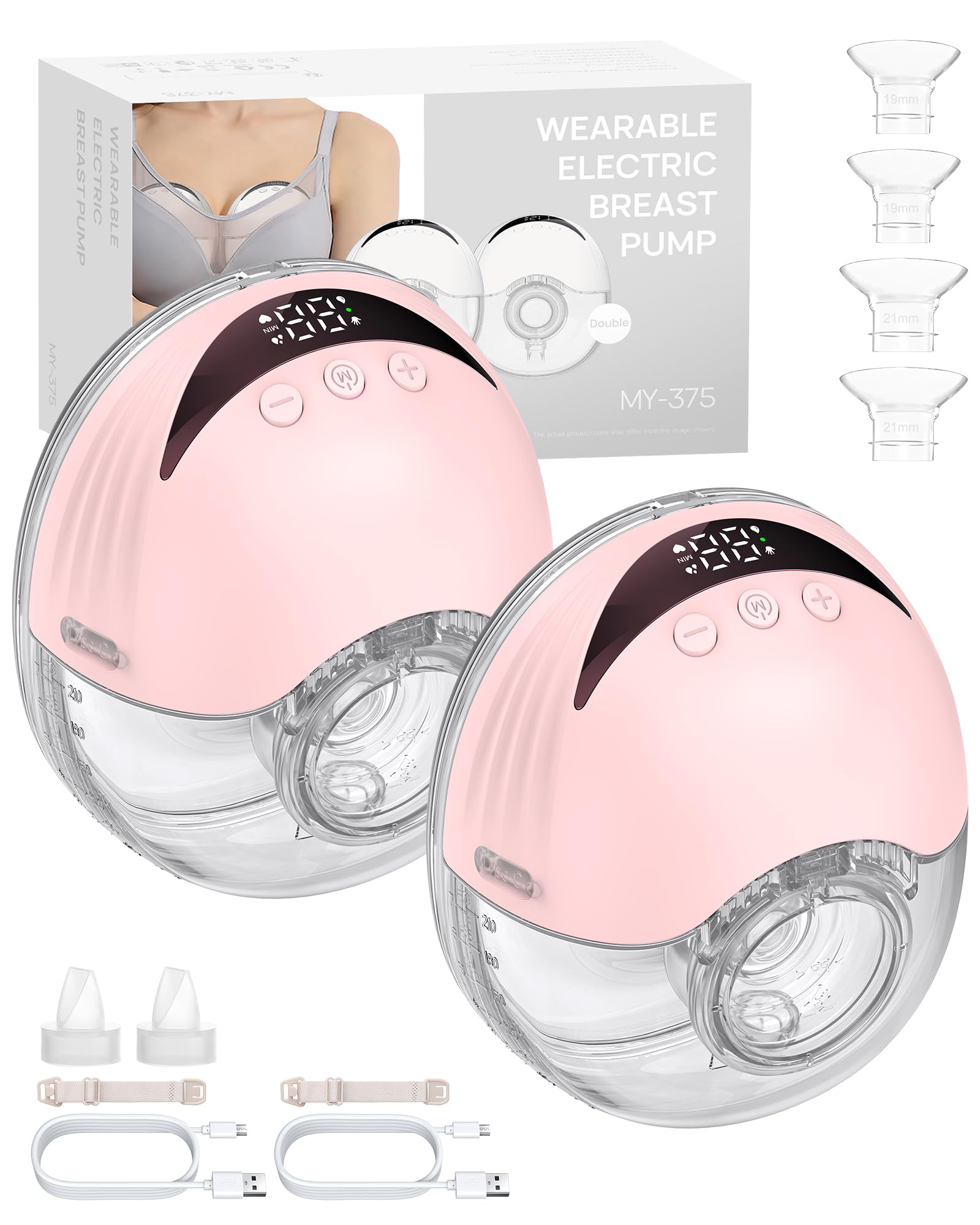 eSynic Freihändige Brustpumpe 2 stk – Tragbare, Wiederaufladbare 210ml Milchpumpe mit 4 Modi & 12 Stufen, LED-Display, 24/21/19mm Flanschen, Ultra-Leise, für Mütter zu Hause & unterwegs- Rosa