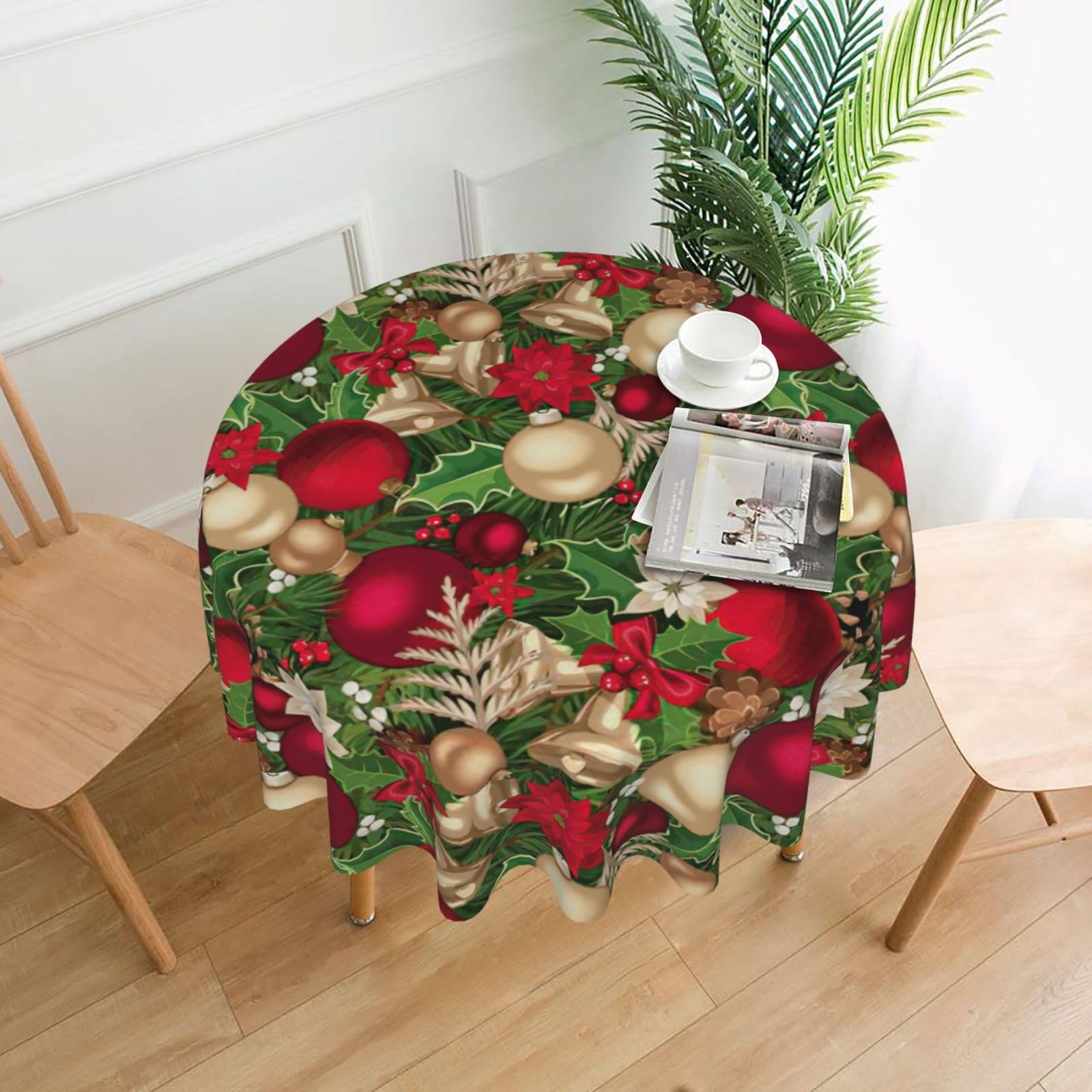 SDEGTHO Tree Spruce Leaves Balls Flowers Berry Print Modern Retro Round Tablecloth 60in Polyester Fabric Cover for Party Dining Table Washable