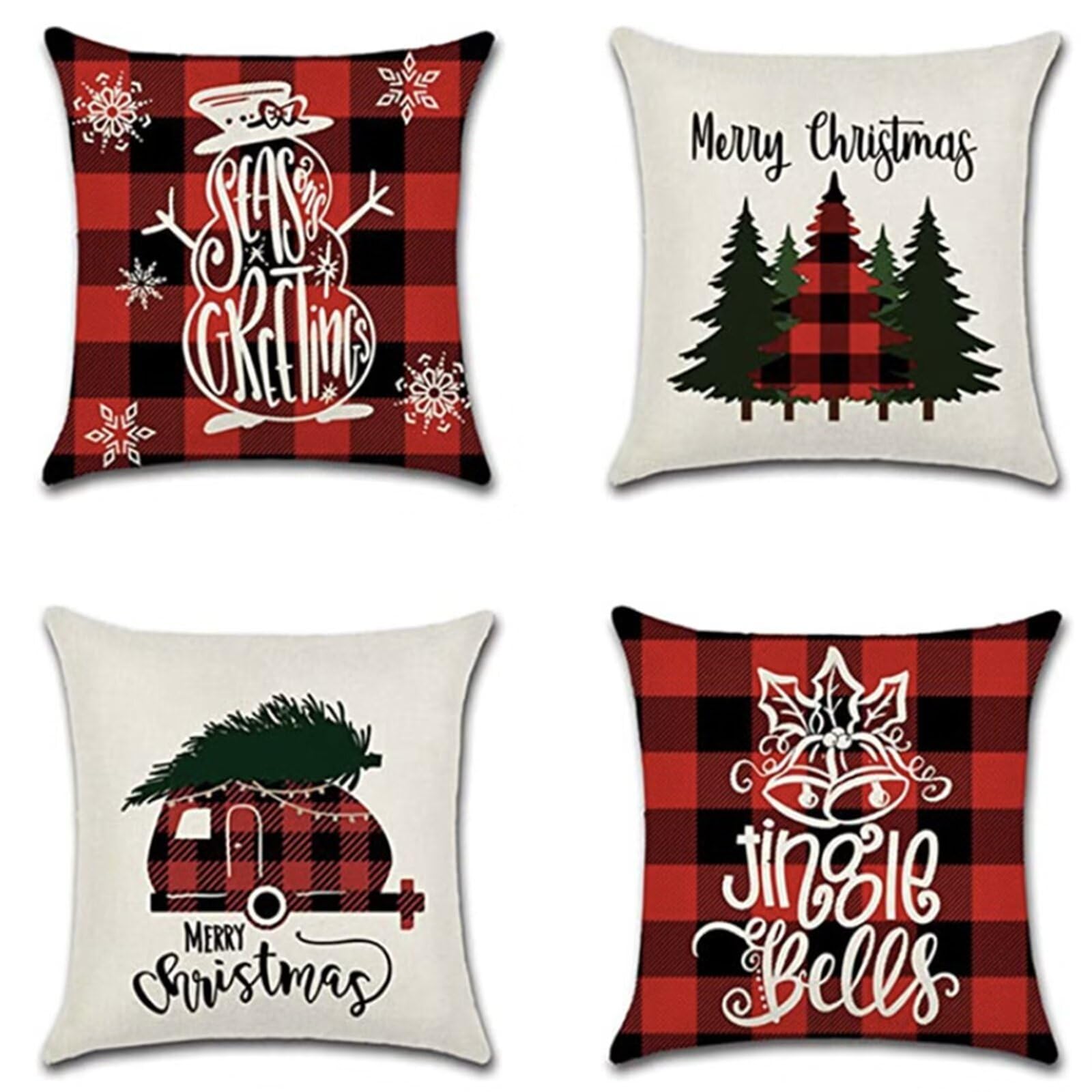 Housse de coussin Noël 50x50 cm en lin géométrique | Lot de 4
