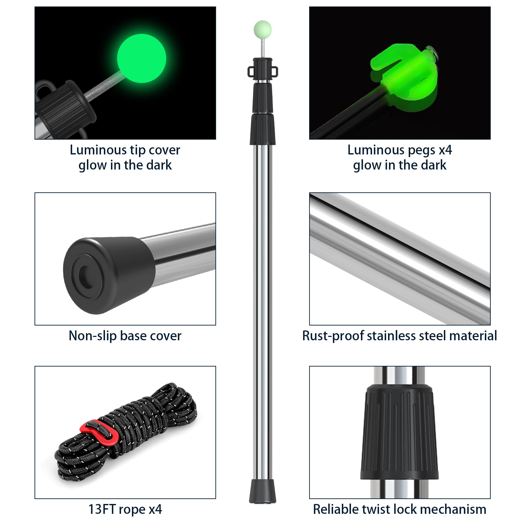 SANLIKE Telescoping Tent Tarp Pole Set 4PCS Adjustable Camping Poles with Tent Stakes and Guy Lines, 33