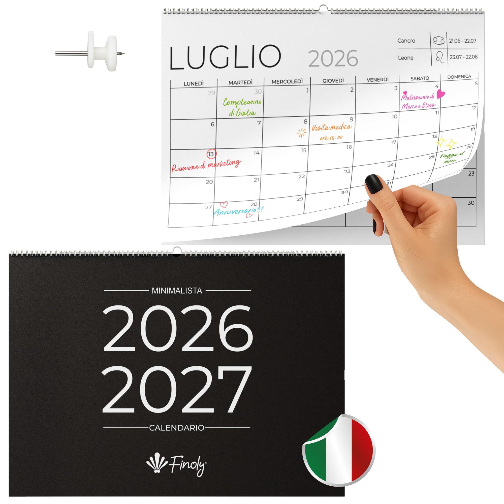 Finoly Kalendarz Ścienny 2026 Lipiec 2026 Grudzień 2027 w Języku Włoskim (18 Miesięcy) | Kalendarz Miesięczny 2026 | Kalendarz Rodzinny do Powieszenia na Ścianie | Almanach z Łatwym Wieszaniem