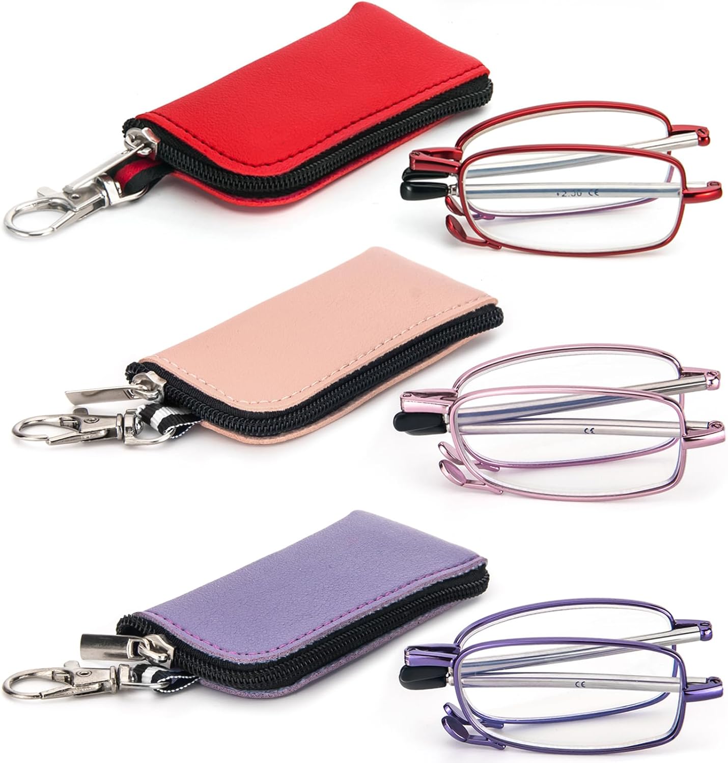 REAVEE 3 Pack Folding Reading Glasses with Keychain Compact Bags for Women Men, Blue Light Blocking Spring Hinge Portable Pocket Readers, Red Pink and Purple 1.25