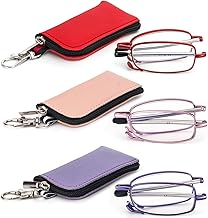 REAVEE 3 Pack Folding Reading Glasses with Keychain Compact Bags for Women Men, Blue Light Blocking Spring Hinge Portable Pocket Readers, Red Pink and Purple 1.5