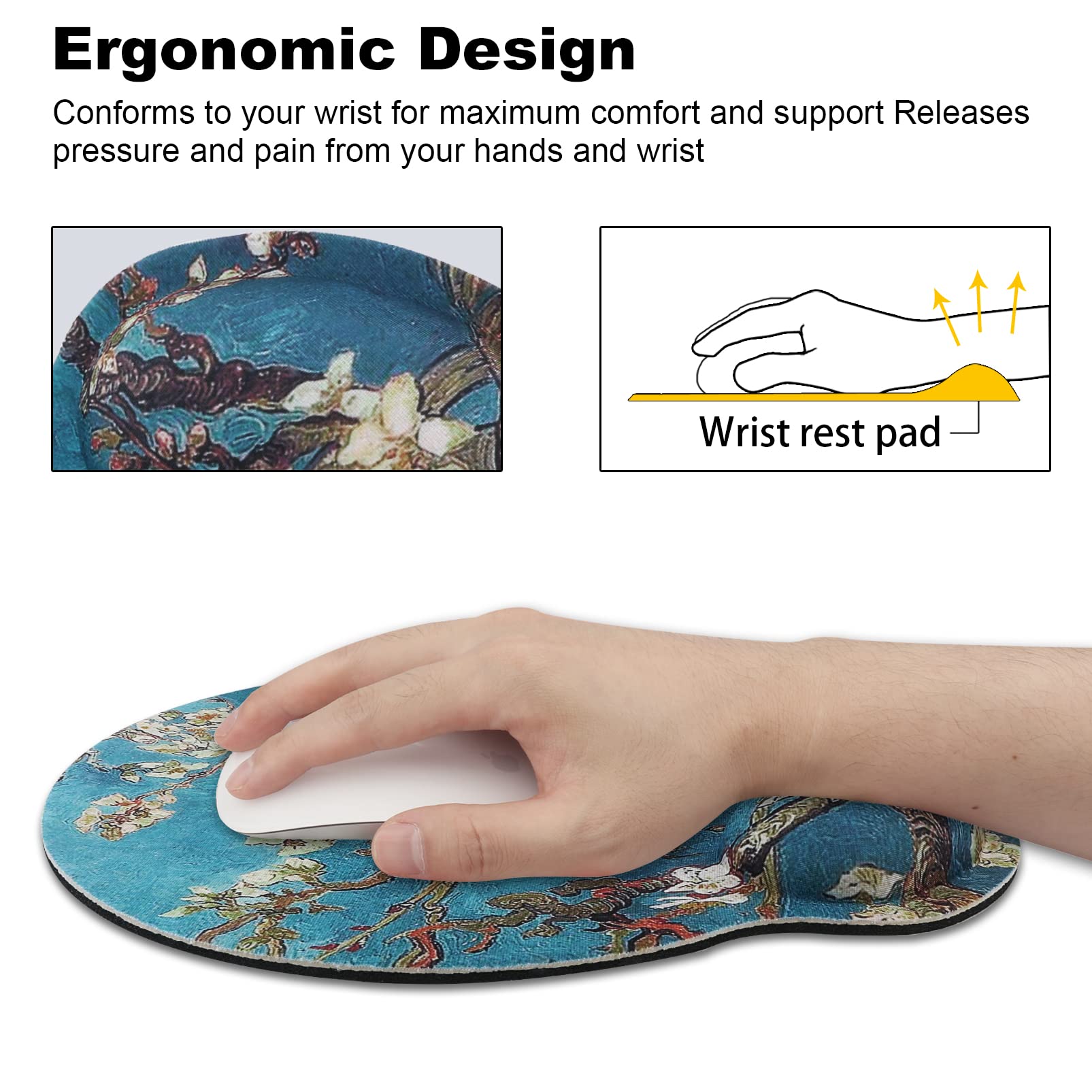 Tappetino Mouse Ergonomico Con Poggiapolsi In Memory Foam, Antiscivolo, Design Summer Leaves, 250x230x22 Mm - 2