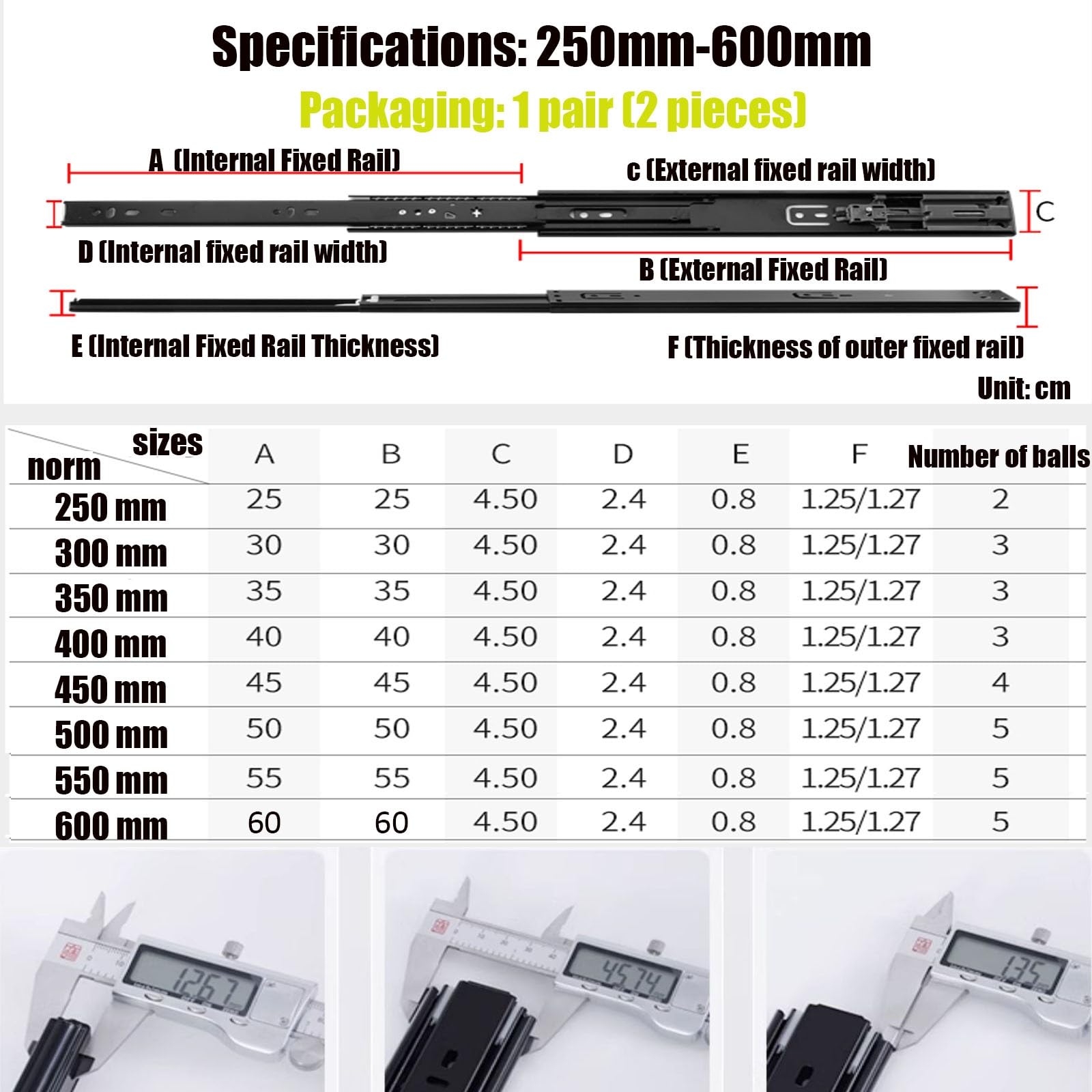 Prowadnice szuflad z cichym domykiem 550 mm, wytrzymałe, o udźwigu 45 kg, z pełnym wysuwem, na łożyskach kulkowych, cicha konstrukcja z boku, 1 para z tłumieniem dla płynnego